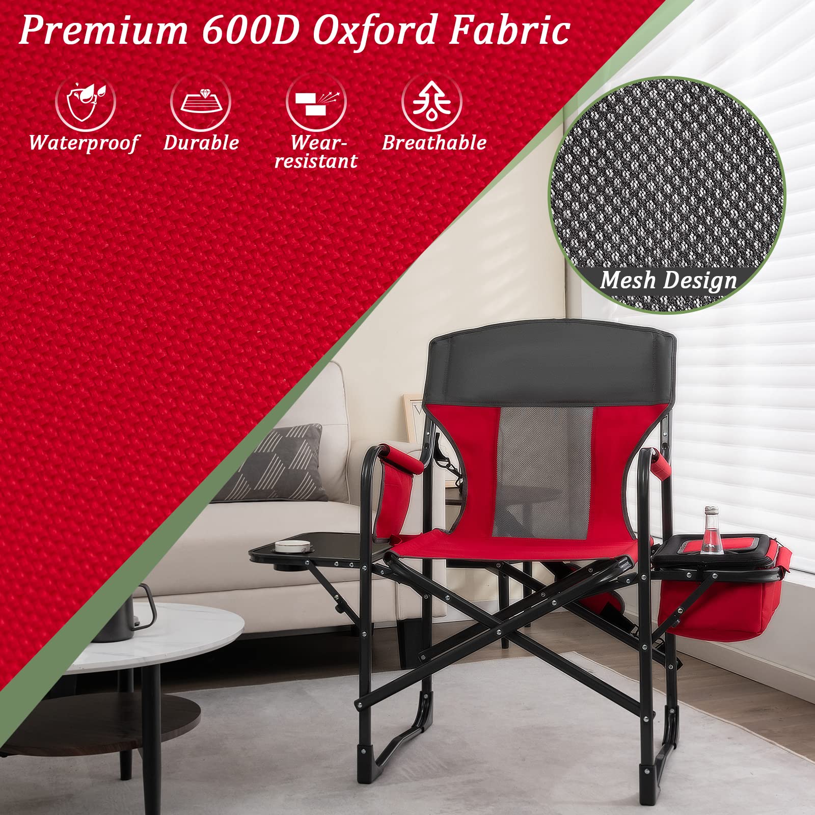 Giantex Heavy Duty Folding Camping Chair with Side Table & Cooler Bag - Portable Director's Chair with Storage Pocket, Shoulder Strap & Handle - 400 lbs Weight Capacity - Perfect for Outdoor Camping, Fishing, Picnics, Makeup Artists & Photographers (Red)