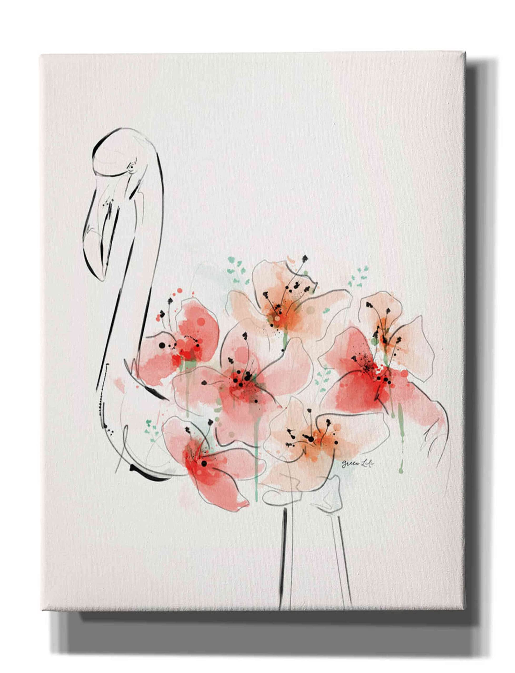 Green Lili Flamingo Flowers Giclee Canvas Wall Art - 26x34 Inches Tropical Home Decor for Living Room, Bedroom & Office
