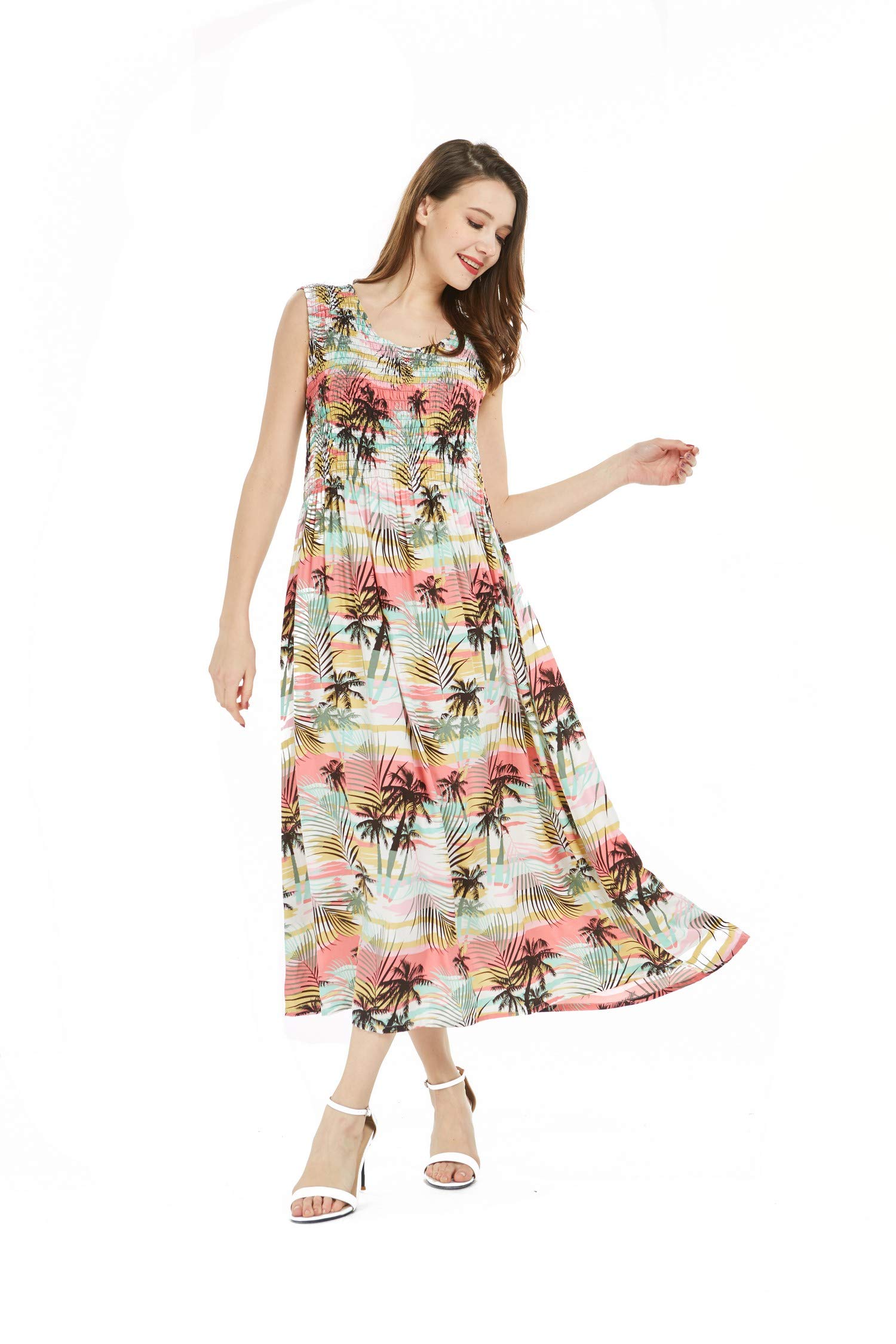 Hawaiian Maxi Tank Dress for Women - Elastic Luau Dress with Sunset Floral Print | Perfect for Beach Vacation, Summer Party & Tropical Getaway