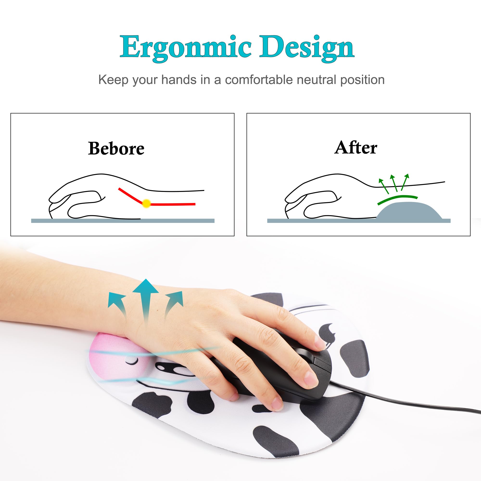 Ergonomic Mouse Pad with Wrist Support - Cute Cow Print Design, Non-Slip Rubber Base, Comfortable for Office & Home Use (9.1 x 7.5 Inches, Black & White) - Perfect for Long Computer Work Sessions, Gaming, and Typing Comfort