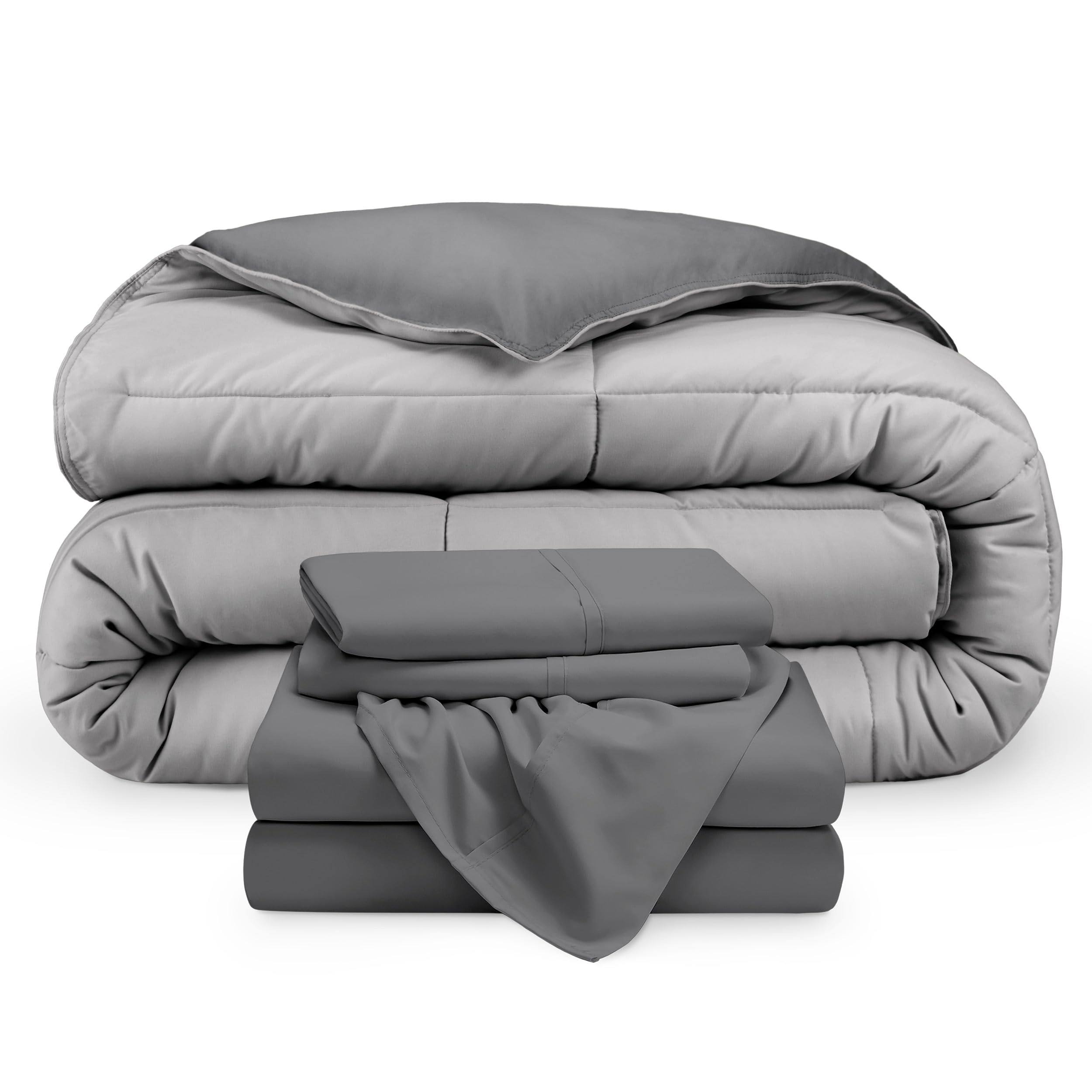 Bare Home Reversible Down Alternative Comforter & Sheet Set - Full Size Bedding - Soft Grey/Light Grey - Hypoallergenic & Machine Washable - Perfect for Guest Rooms, Dorms & Cozy Bedrooms