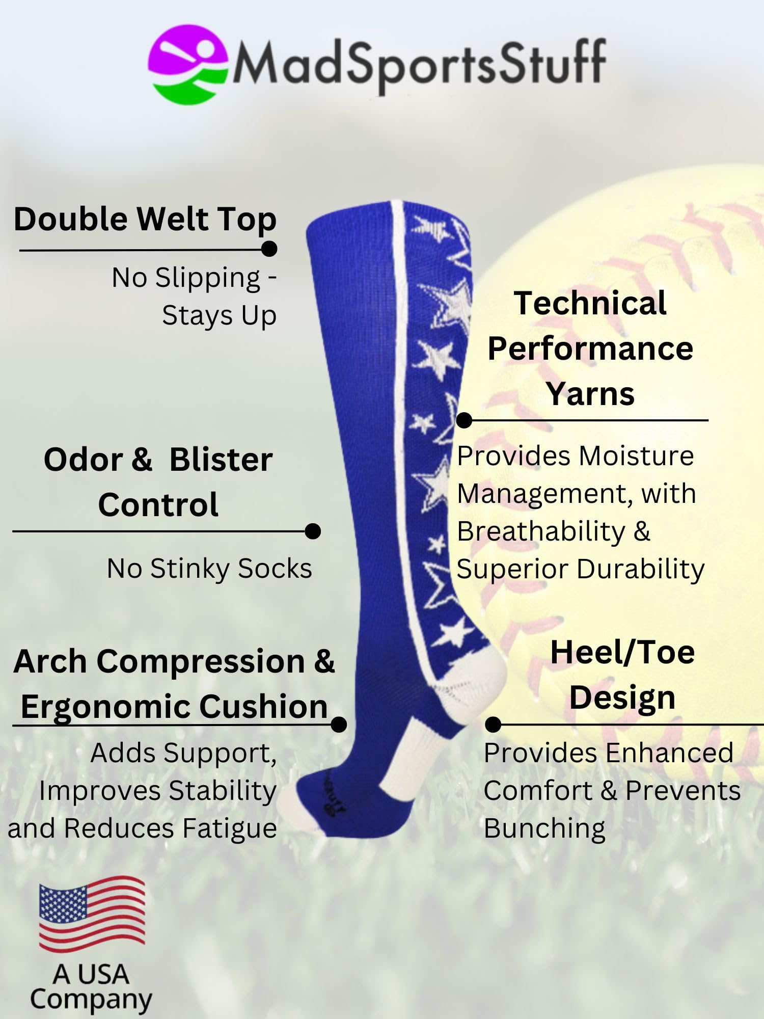 MadSportsStuff Softball Socks with Stars - Over The Calf Tall Socks for Girls, Women, Youth & Adults | Baseball, Softball & Sports Performance Socks