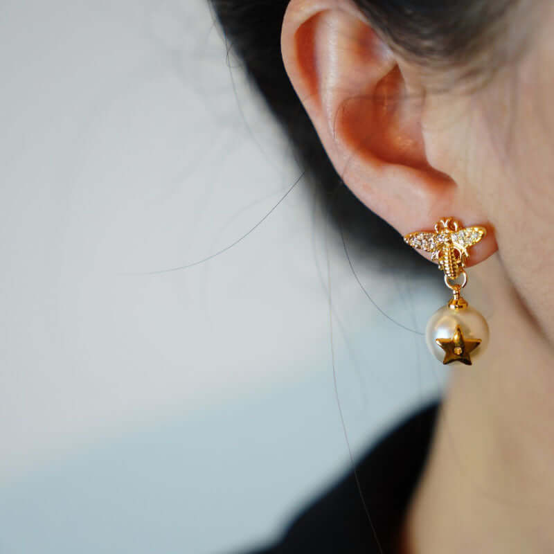 Dainty Bumble Bee Pearl Drop Earrings for Women - Elegant Gold Plated Dangle Earrings with Freshwater Pearls | Perfect for Weddings, Parties & Everyday Wear (DMS271)
