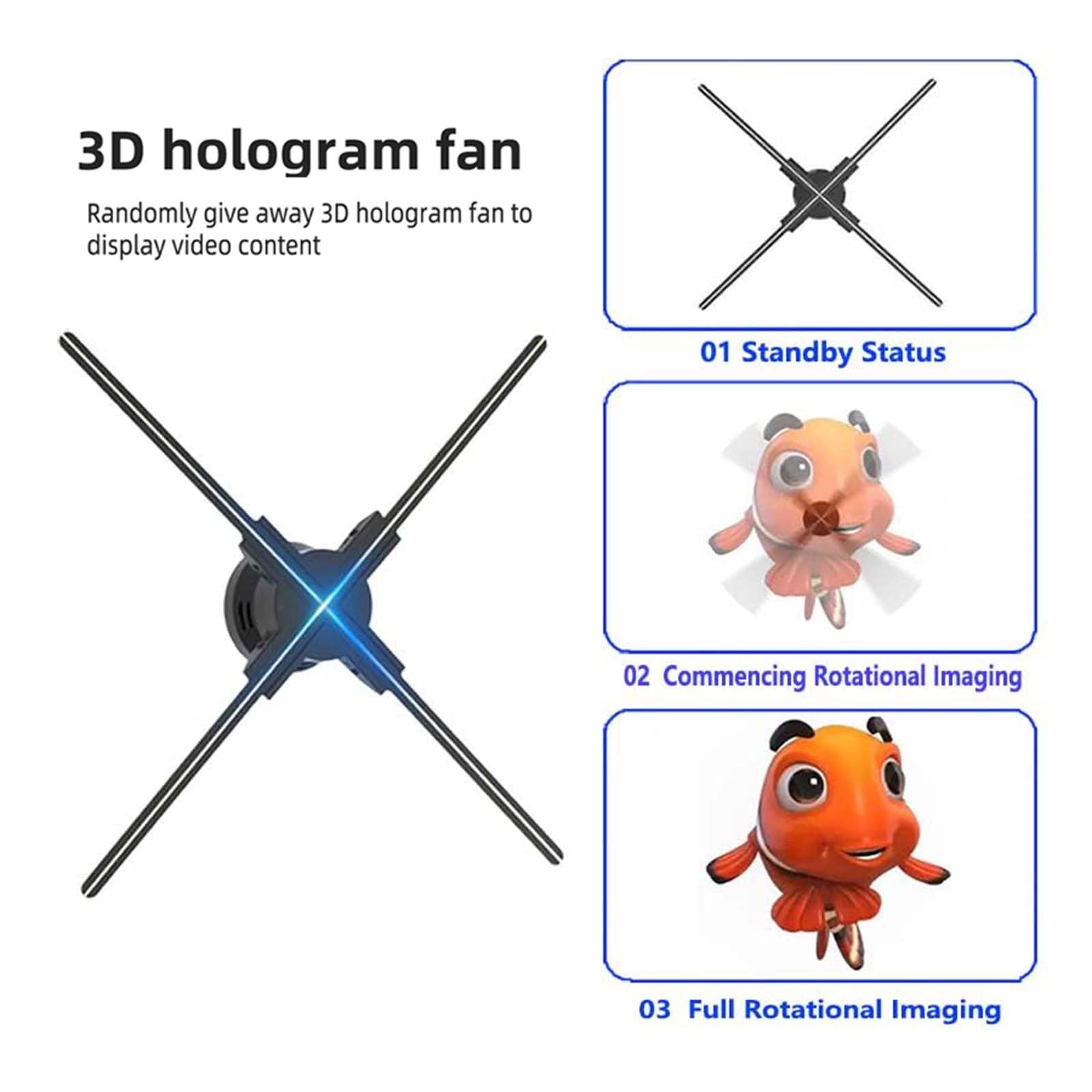 **27.5 Inch 3D Hologram Fan LED Projector - 2000x1444PX HD Resolution, 832 LED Beads - Bluetooth Audio, APP & Remote Control - Perfect for Store Advertising, Halloween & Christmas Decorations**    *(Use Cases: Retail displays, holiday decorations, trade shows, nightclubs, and event promotions)*