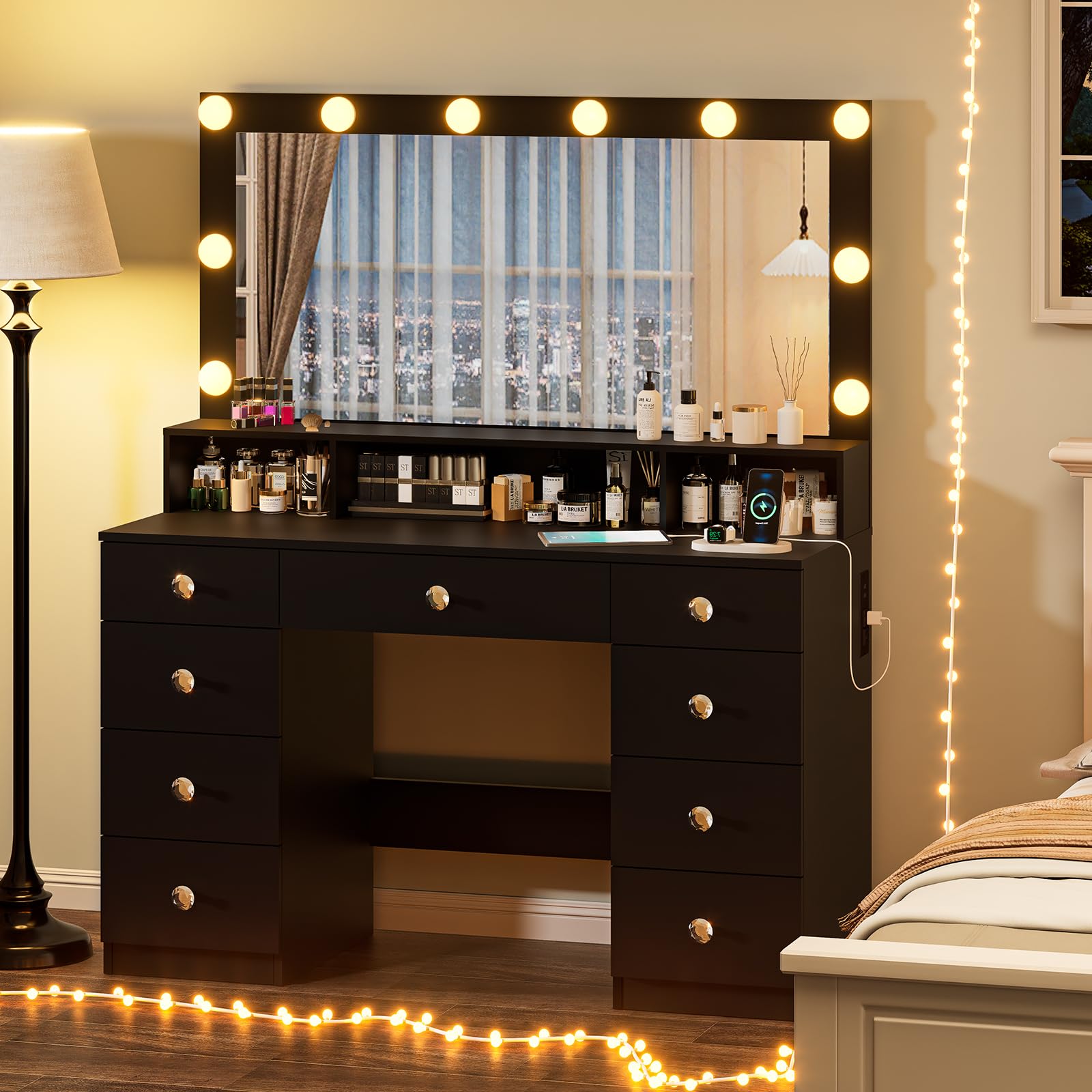 Vanity Desk with Large Mirror & LED Lights - 9-Drawer Makeup Dressing Table with Super Storage, Power Outlet & Crystal Handles - 3 Lighting Modes - Perfect for Women & Girls Bedroom, Beauty Salon or Bridal Suite (Black)