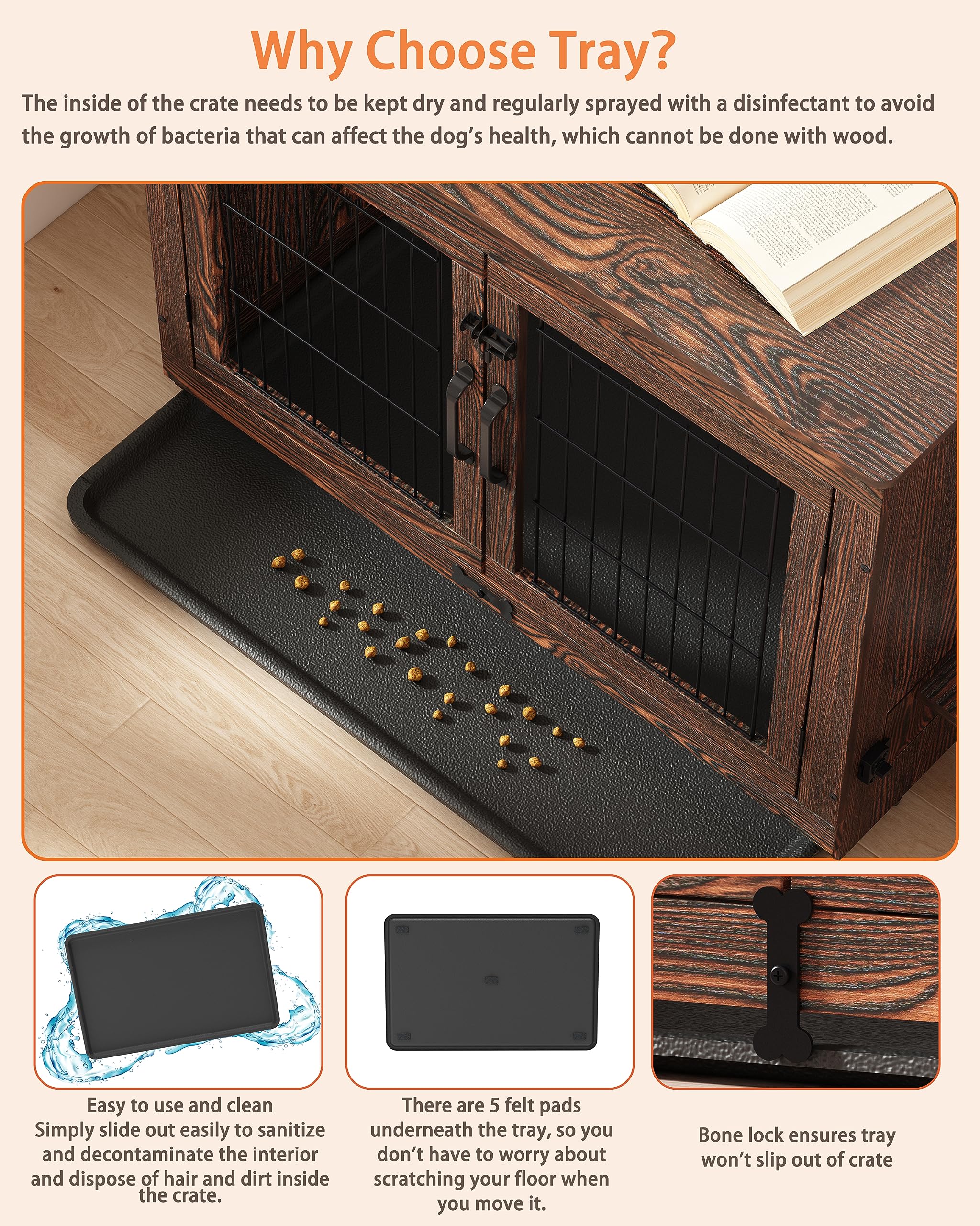 Piskyet Rustic Style Wooden Dog Crate Furniture - 360° Rotatable Removable Dog Bowls, Double Door Dog Kennel with Tray - End Table for Small to Medium Dogs (31.8