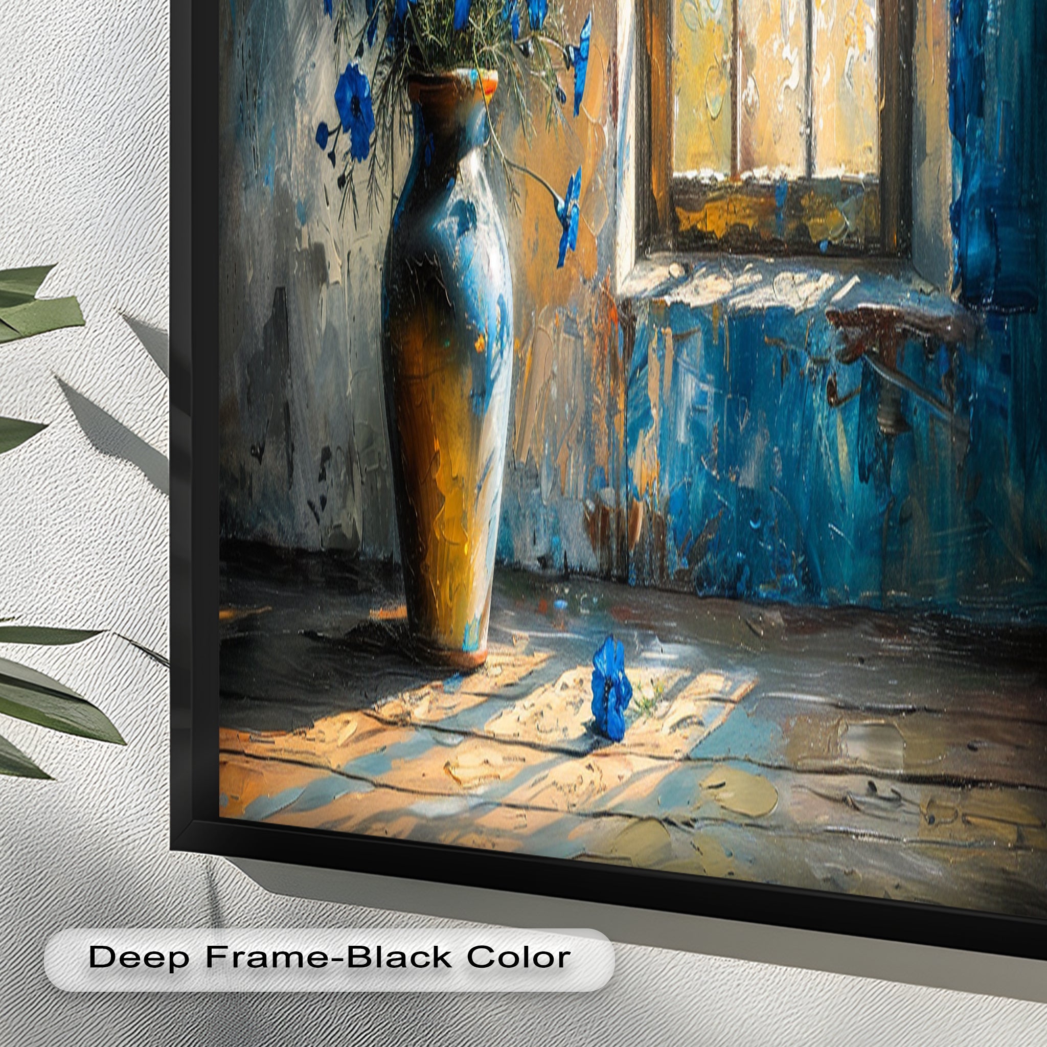 Blue Flowers in Vase - Rustic Still Life Oil Painting on Canvas - Perfect for Farmhouse Decor, Living Room Wall Art & Home Office