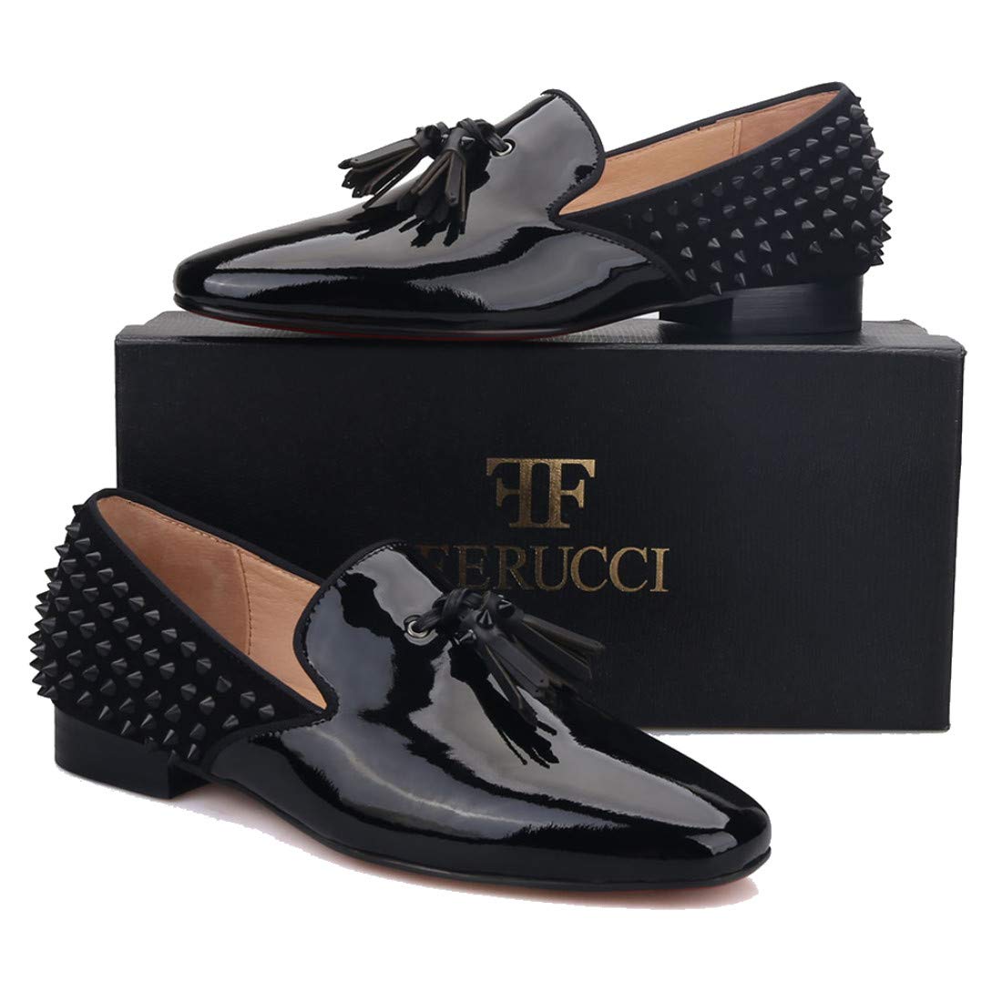 FERUCCI Black Patent Leather Loafer Shoes with Spikes - Women's Formal Flat Slippers for Prom, Wedding & Evening Events - Comfortable Dress Shoes for Parties, Office & Special Occasions