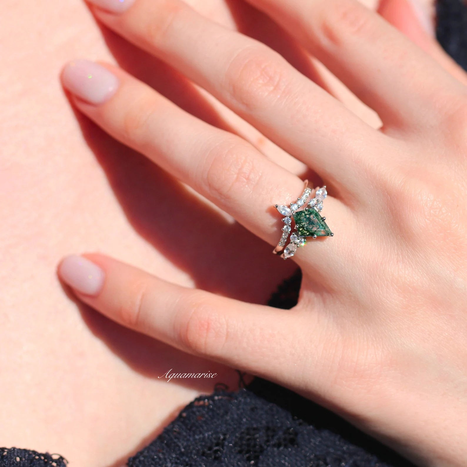 Skye Kite™ Moss Agate Couples Ring - Matching Wedding Bands for Him & Her - Natural Stone Promise Rings for Anniversary, Engagement & Romantic Gifts - Perfect for Couples, Valentines Day & Special Occasions