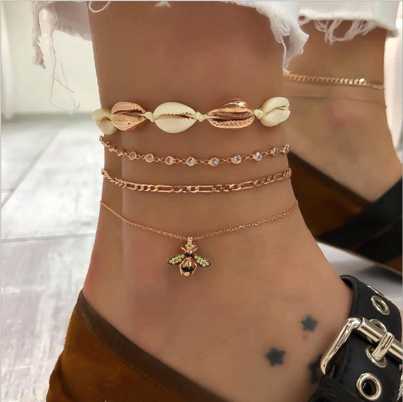 Elegant Women's Beach Anklet with Shell Weave & Diamond Bee Pendant - Multi-Layer Foot Jewelry for Summer Vacations, Pool Parties & Boho Fashion