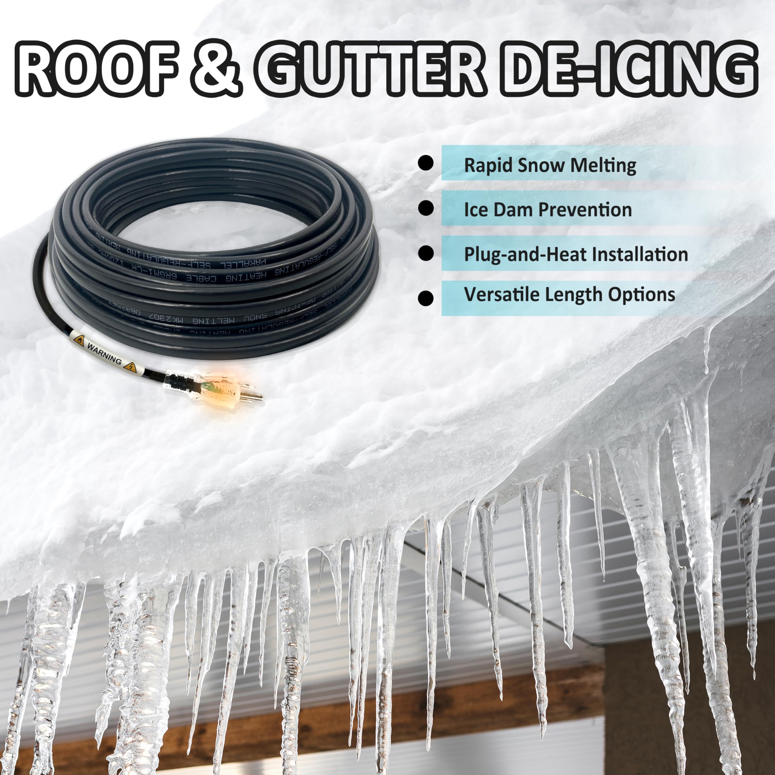 MAXKOSKO Self-Regulating Roof & Gutter Heat Cable - 80ft Electric De-Icing System (6W/Ft, 120V) with 10ft Cold Weather Power Plug - Snow Melting Solution for Winter Roof Protection | Perfect for Homes in Snowy Climates & Ice Dam Prevention