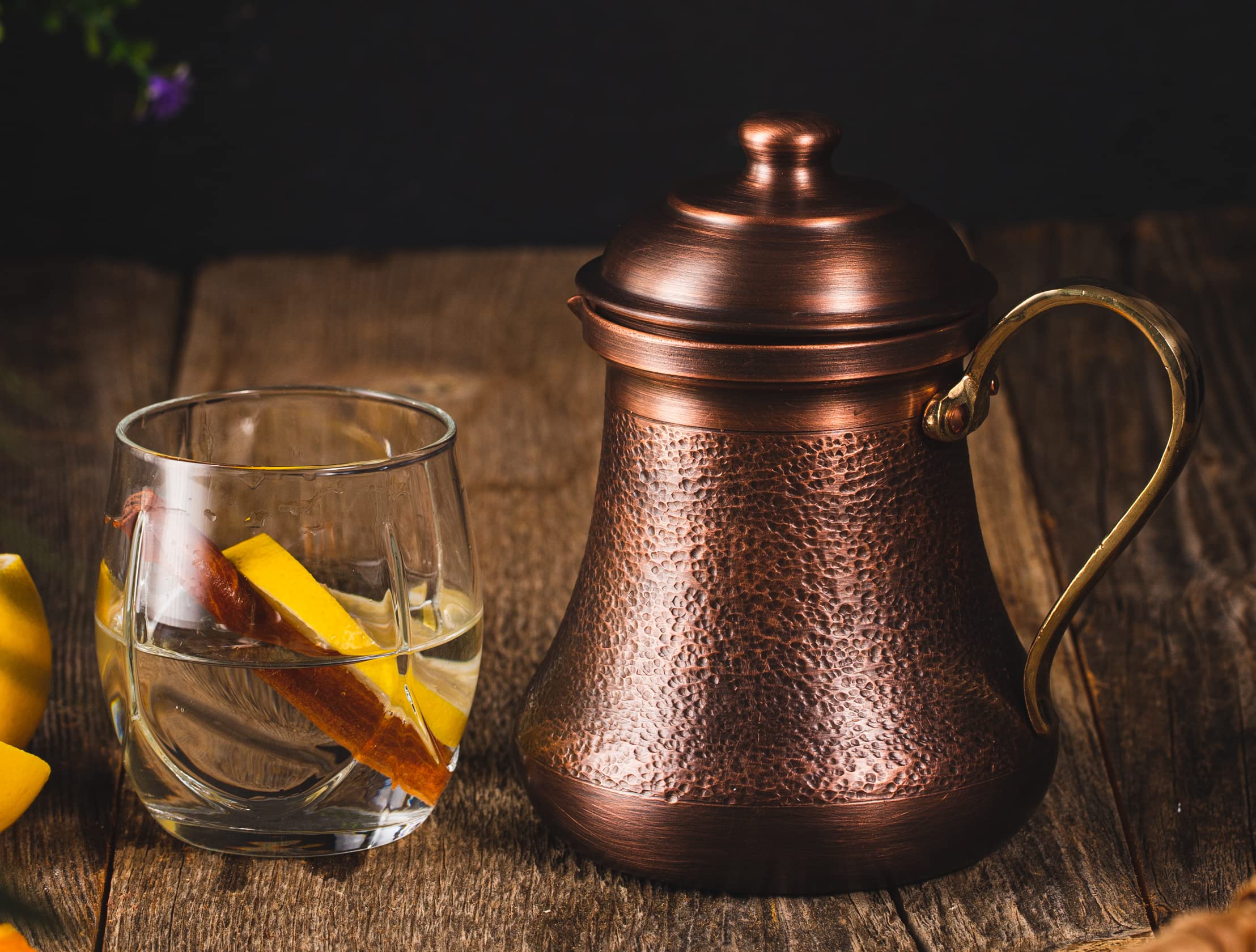 **DEMMEX 16oz Solid Pure Copper Mug with Lid – 1mm Thick Unlined Handmade Mini Pitcher for Coffee, Tea & Cocktails – Antique Copper Finish for Home, Office & Outdoor Use**