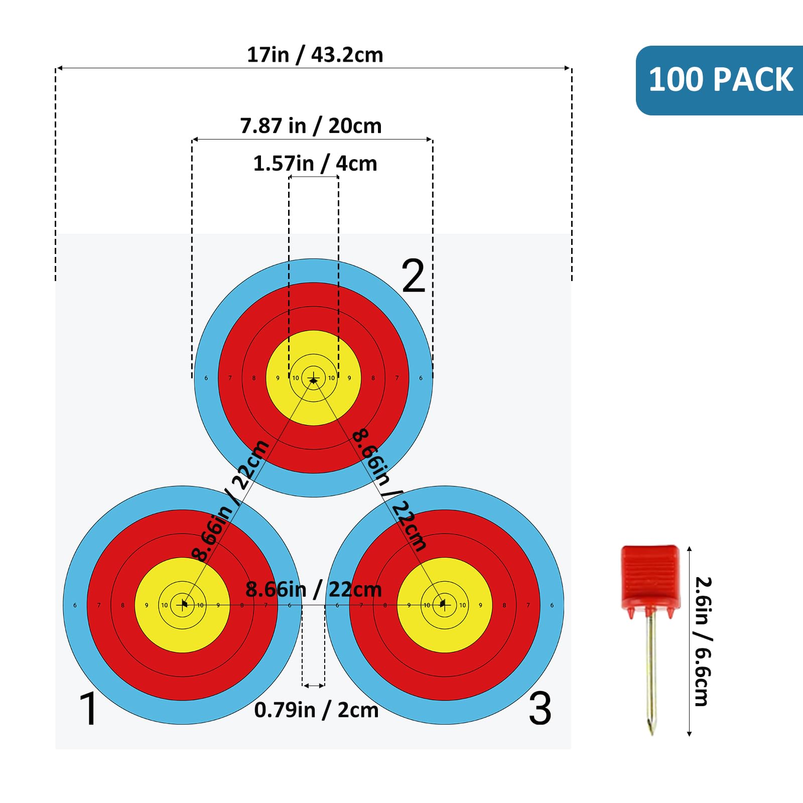 100-Piece Archery Target Paper Set - 3-Spot Bow and Arrow Practice Targets (17x17 Inches) with Pins - Perfect for Indoor/Outdoor Shooting Range, Hunting Training & Competitive Archery Practice