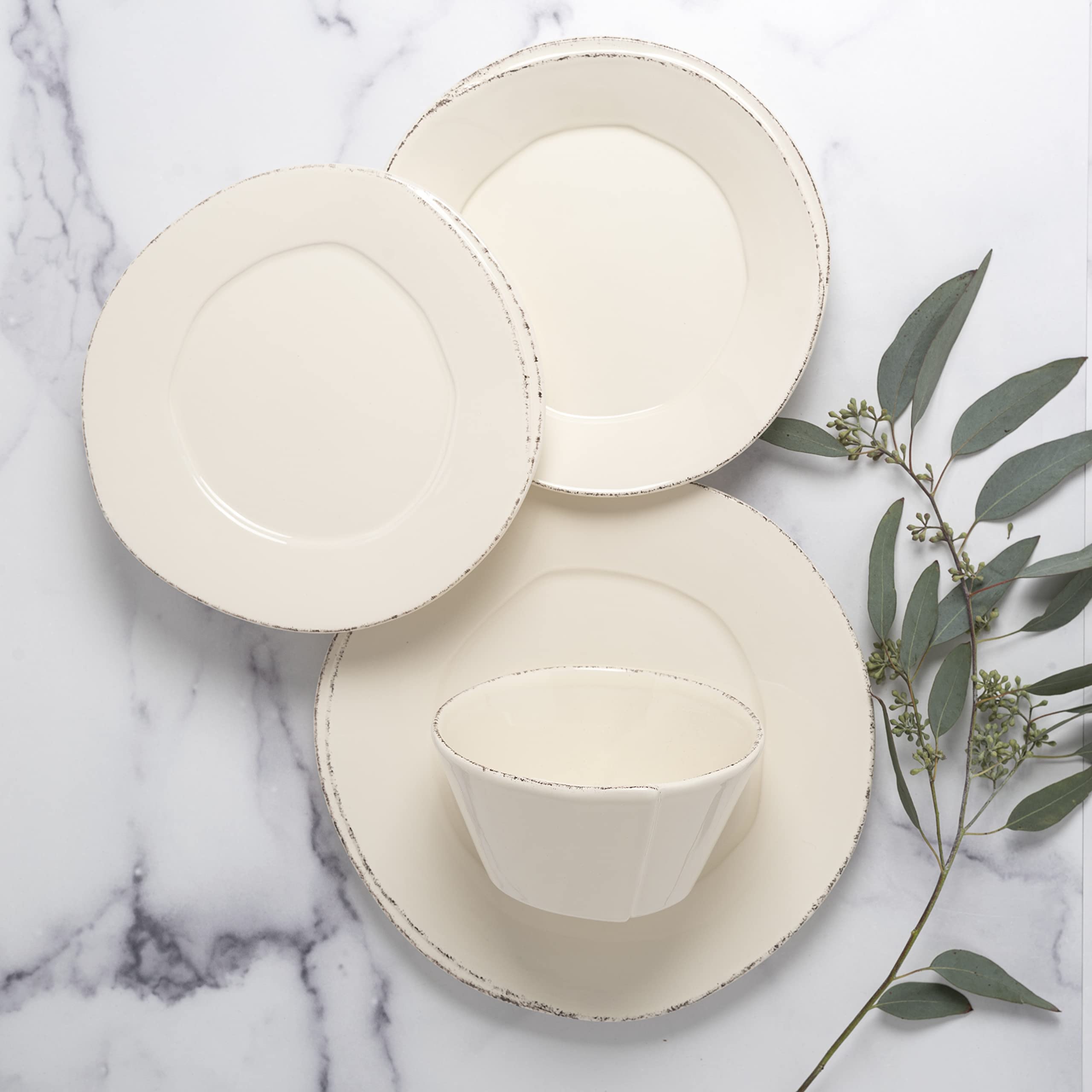 Vietri Lastra Linen 4-Piece Stoneware Dinnerware Set - Handcrafted Tuscan Bowls & Plates for Elegant Dining | Perfect for Dinner Parties, Holiday Meals & Upscale Restaurant Style Table Settings