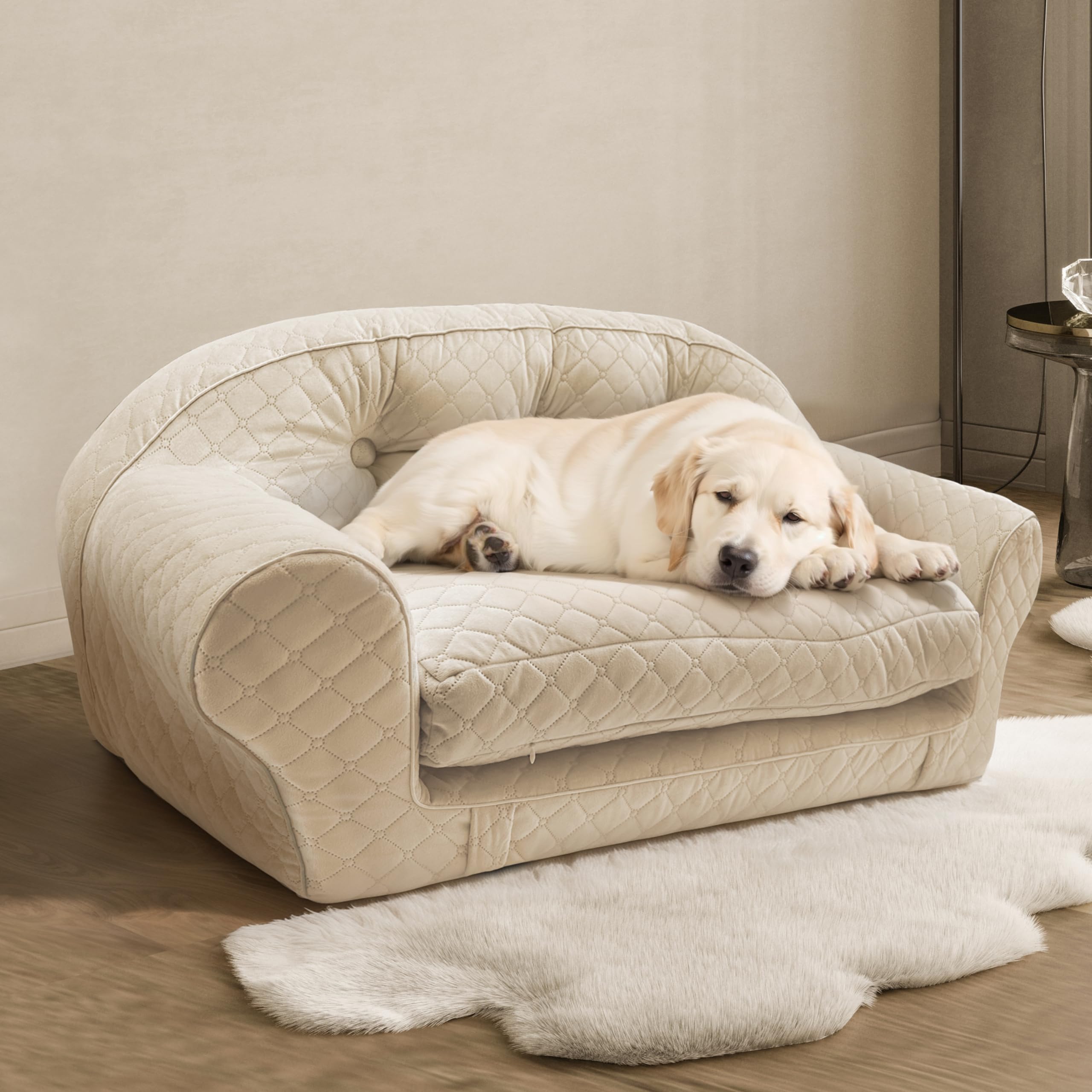 Premium Medium Dog Bed for Pets Up to 50 lbs - Soft Velvet Couch with Sponge Padding & Bolster Sides (34