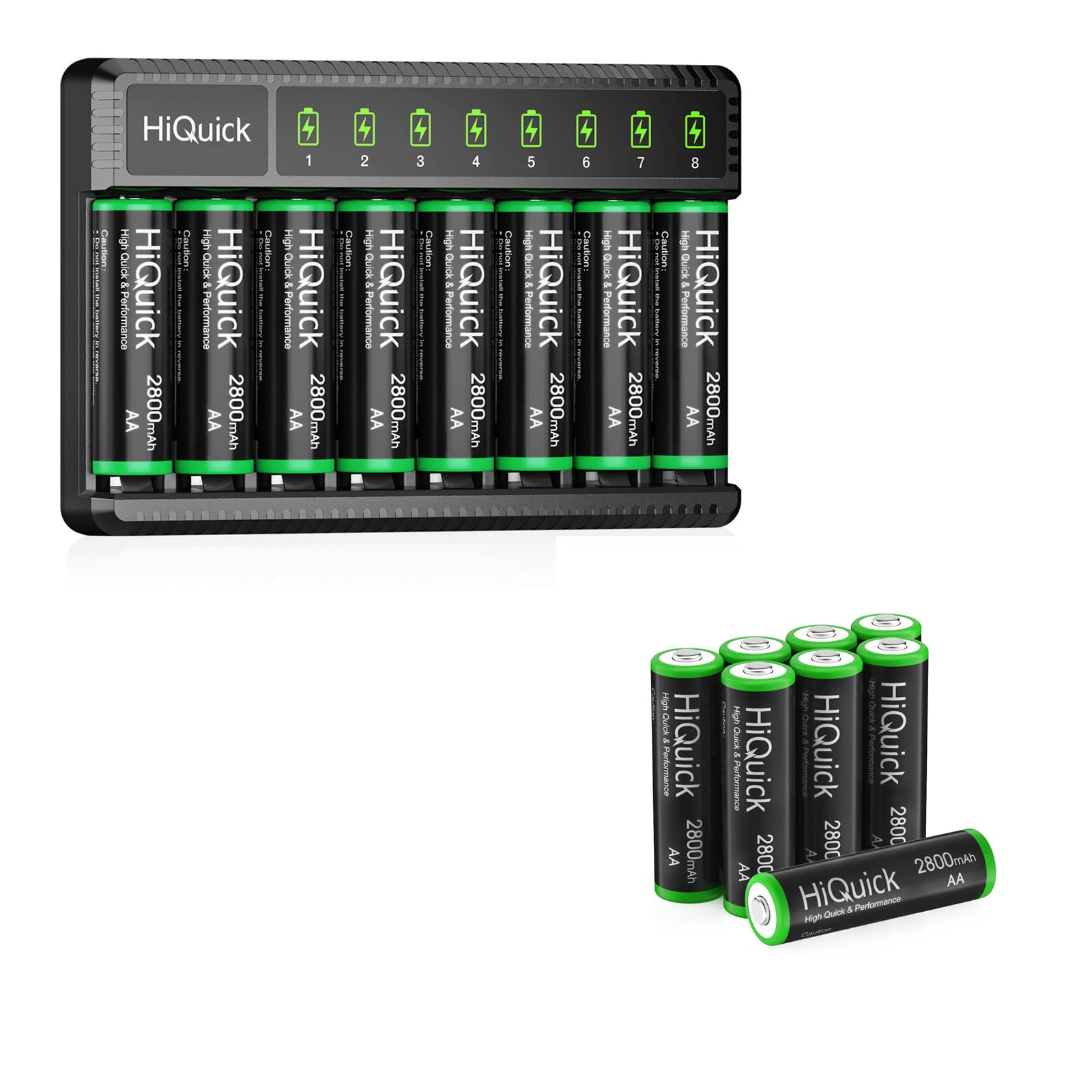 HiQuick 8 Bay Smart Battery Charger with 8 AA Rechargeable Batteries - Fast Charging for AA/AAA NiMH Batteries - Perfect for Cameras, Toys, Flashlights & Electronics
