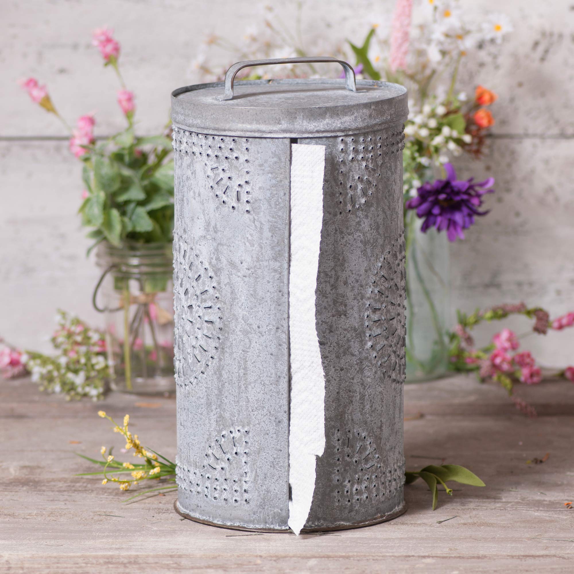 Vintage Punched Tin Paper Towel Holder in Weathered Zinc Finish - Rustic Country Kitchen Decor & Farmhouse Style Organizer - Perfect for Farmhouse, Cottage, and Country Kitchen Decor (K17-24WZ)