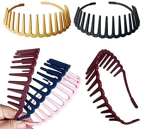 Matte Finish Elastic Wavy Tooth Hairband & Plastic Shark Tooth Hair Comb Set - 2 Pack Multicolor Headbands for Women & Girls | Perfect for School, Parties & Everyday Styling