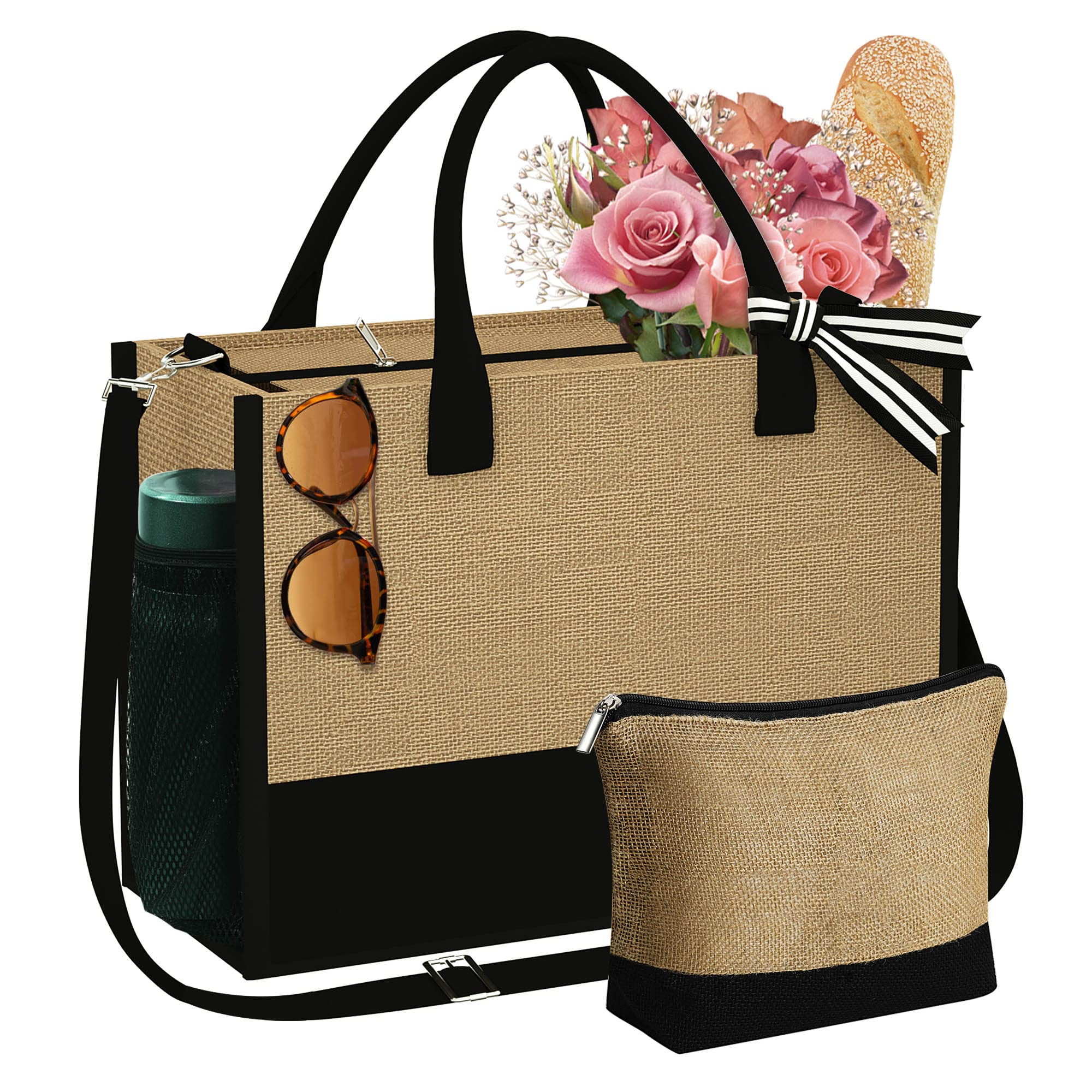 YOOLIFE Monogram Jute Tote Bag with Zipper - Beach & Makeup Bag for Women, Perfect Gift for Mom