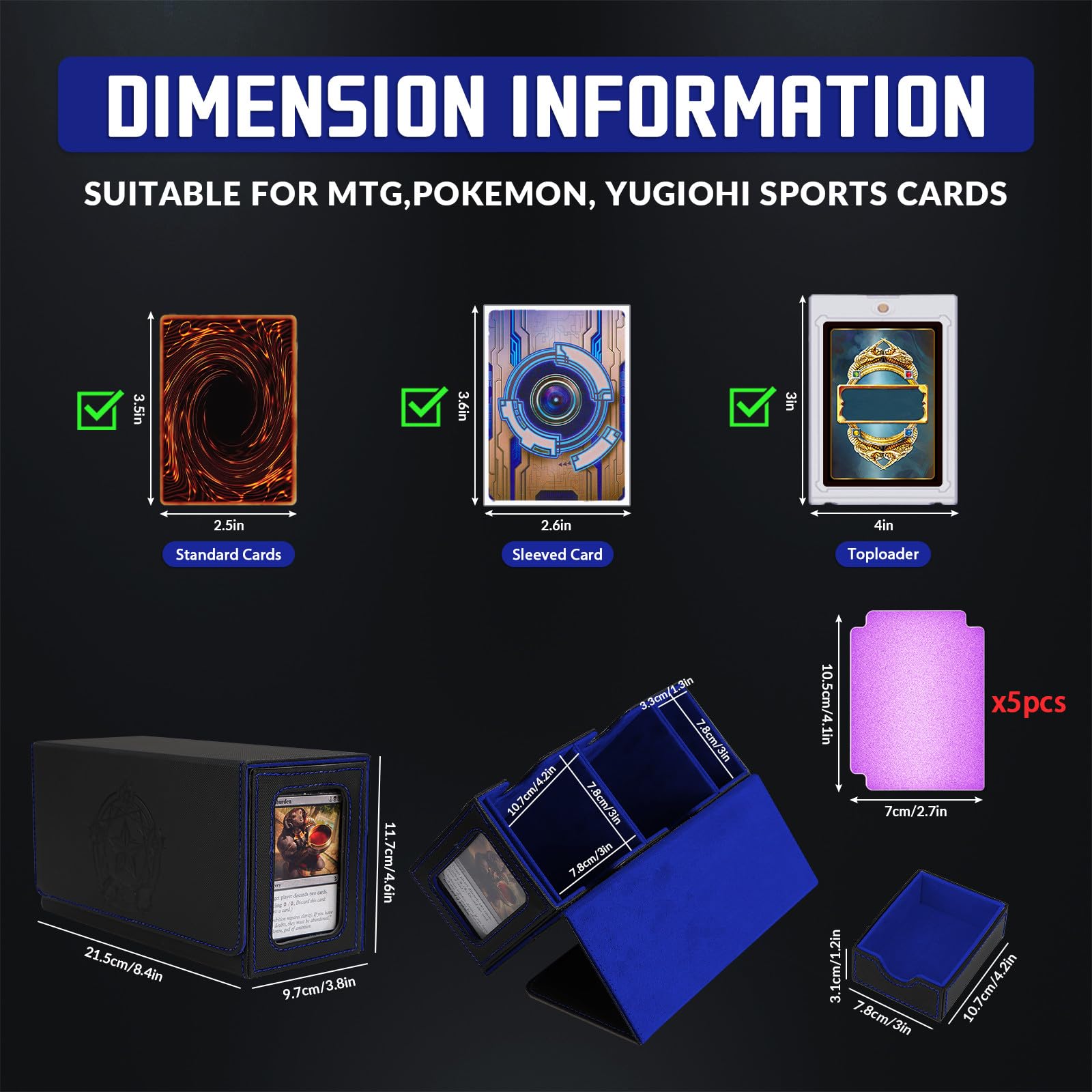 Premium MTG Deck Box for Commander - Magic the Gathering Card Storage with Dice Tray, 2 Dividers & 35PT Magnetic Holder - Holds 200+ Sleeved Cards (Black & Blue) - Perfect for MTG Tournaments, Game Nights & Card Collection Organization