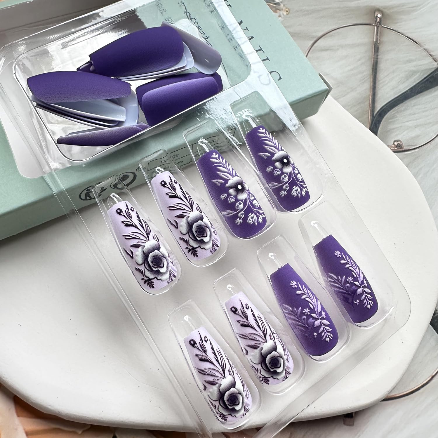 Elegant Purple Acrylic Press on Nails with Embossed Flower Designs - 24pcs Matte Coffin Fake Nails for Women | Fall & Winter Manicure Decorations | Perfect for Parties, Weddings & Special Occasions