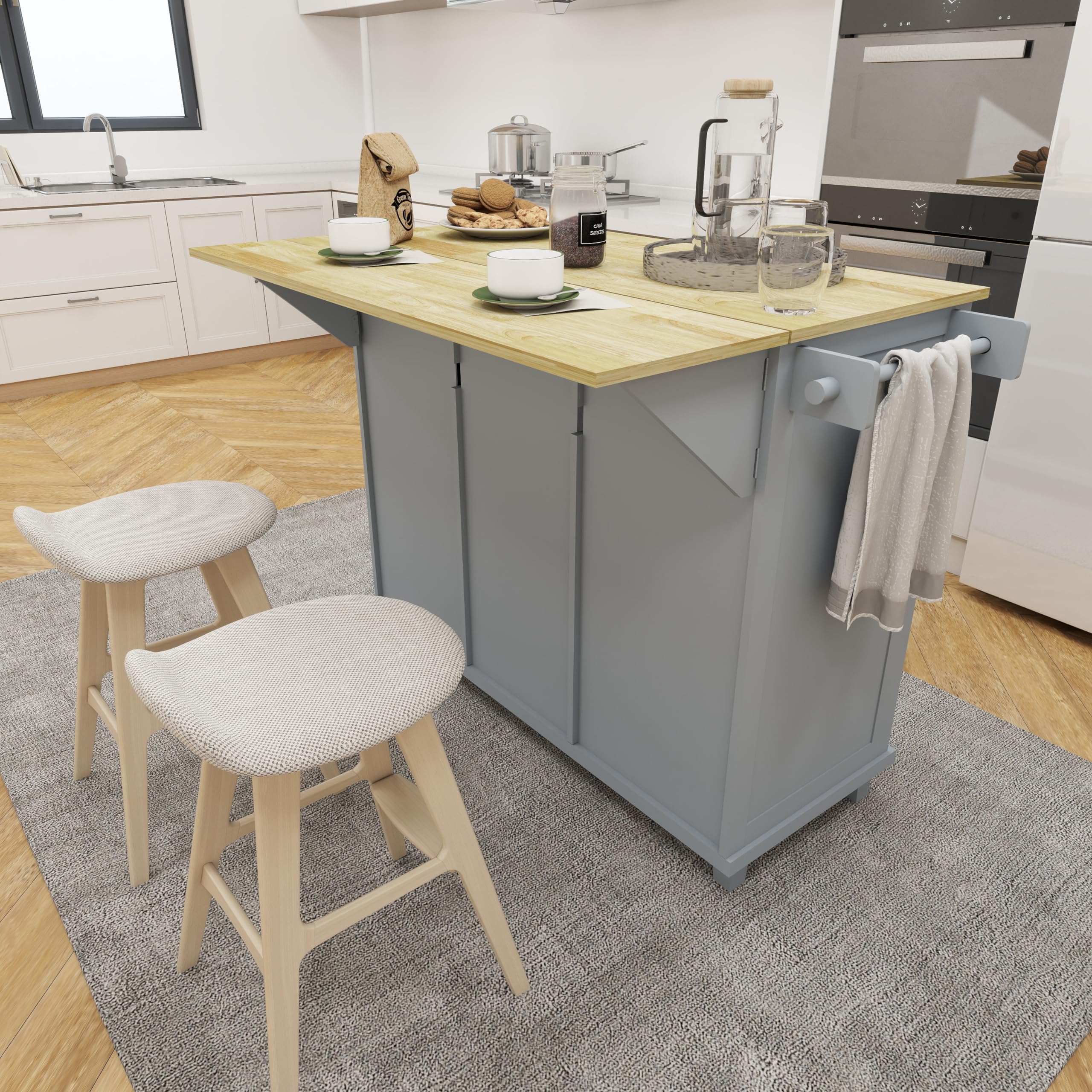 Rolling Kitchen Cart with Storage & Drop Leaf - Grey Blue for Cooking & Dining