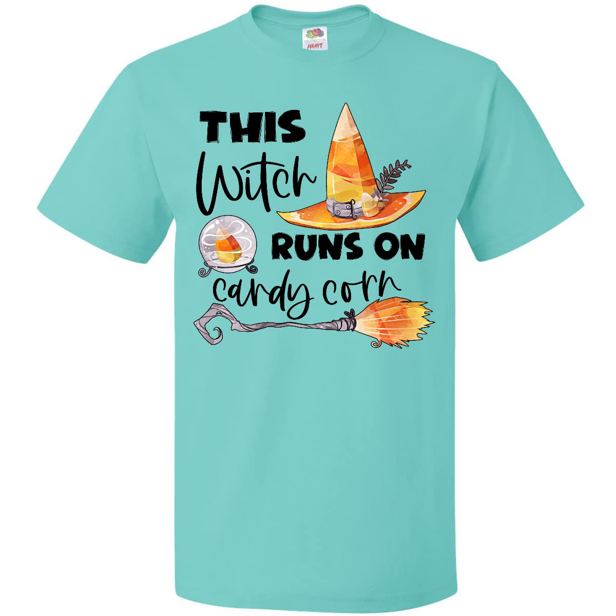 Inktastic This Witch Runs on Candy Corn Hat and Broom Halloween T-Shirt - Fun Witch Costume Apparel for Women & Girls