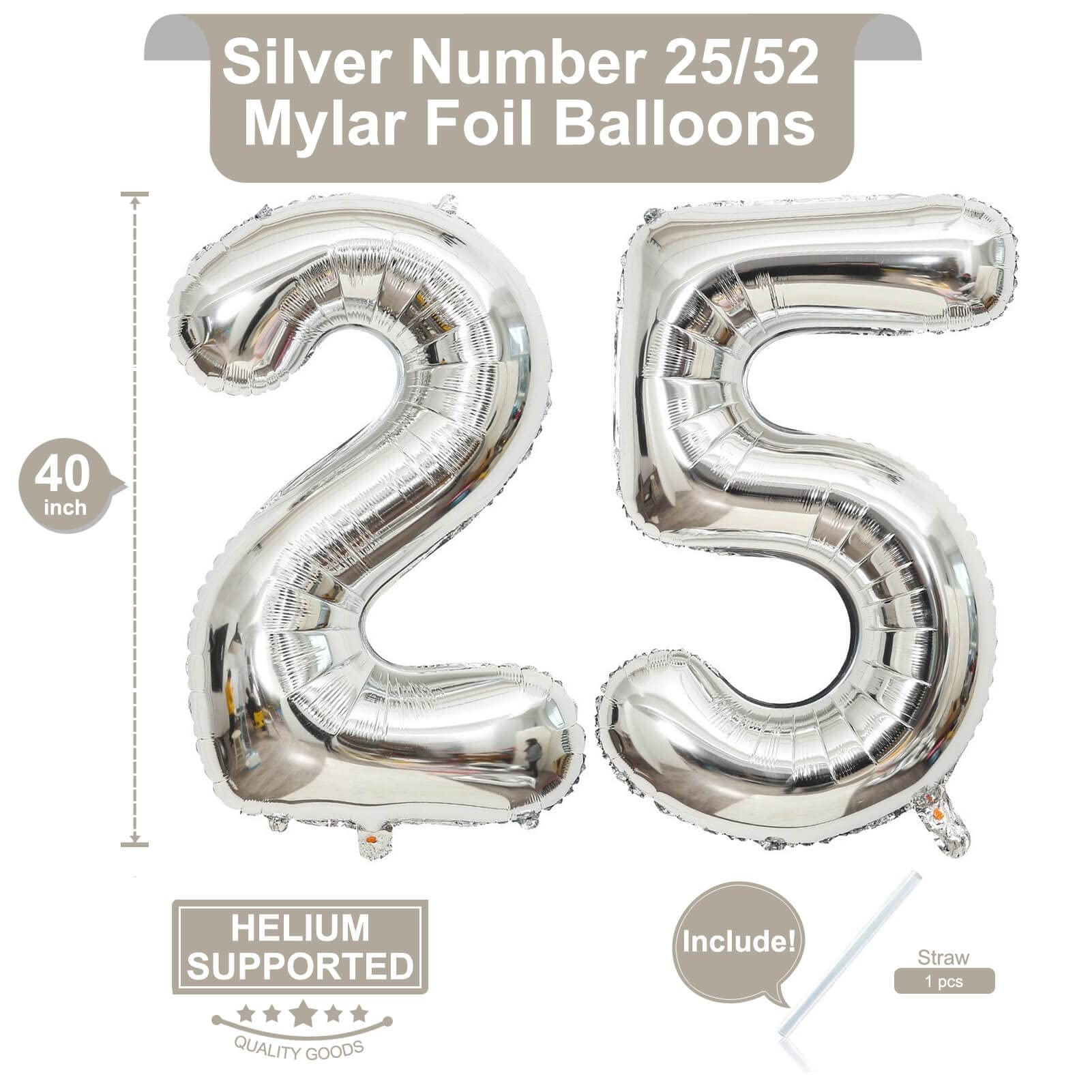 40 Inch Silver 25 Number Balloons - Giant Jumbo Foil Mylar Helium Balloons for Birthday Party Decorations - Perfect for 25th Anniversary, Graduation, Gender Reveal & Special Events