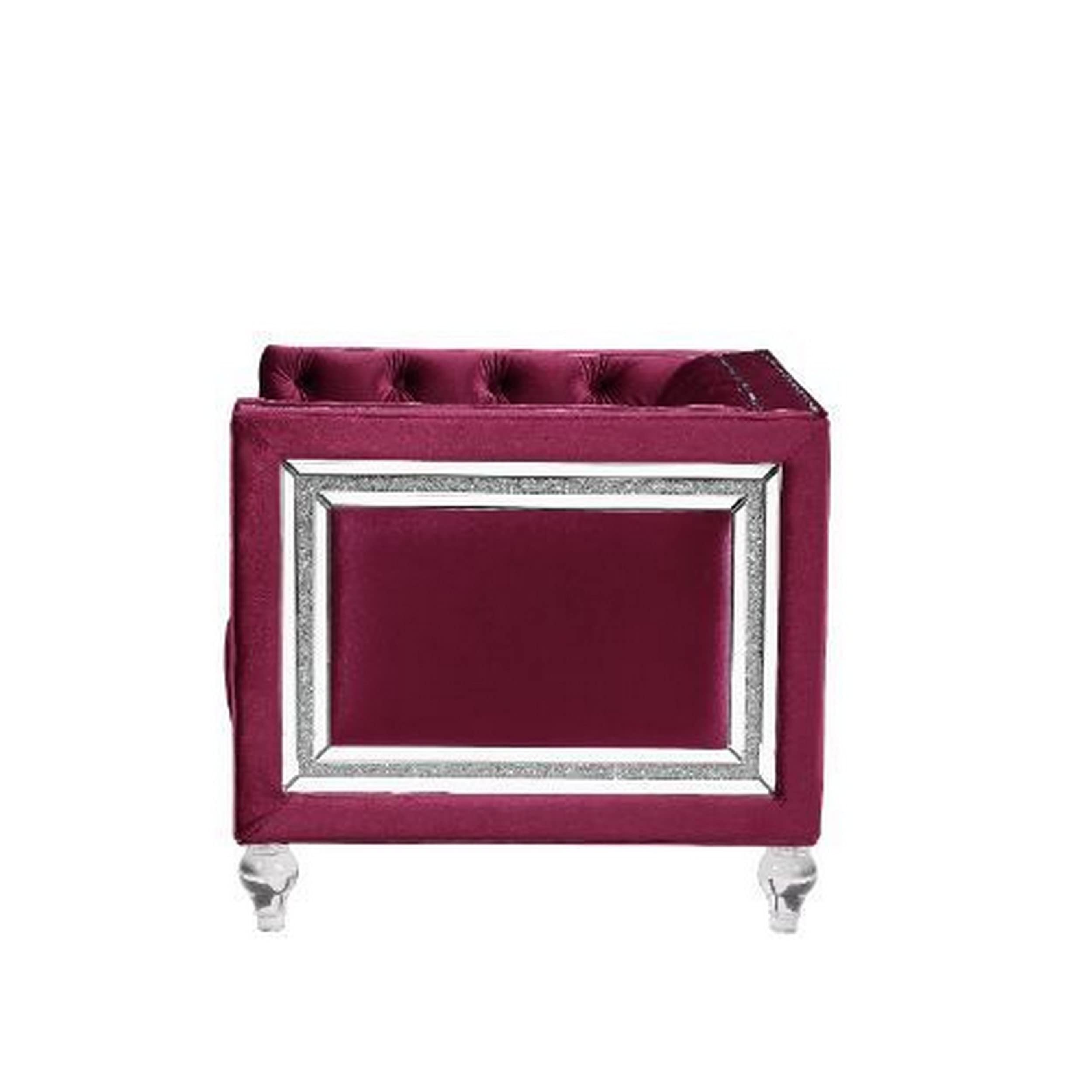 Benjara Red Accent Chair with Shelter Arms and Mirrored Trim - Elegant Living Room Seating for Home, Office, or Lounge Decor