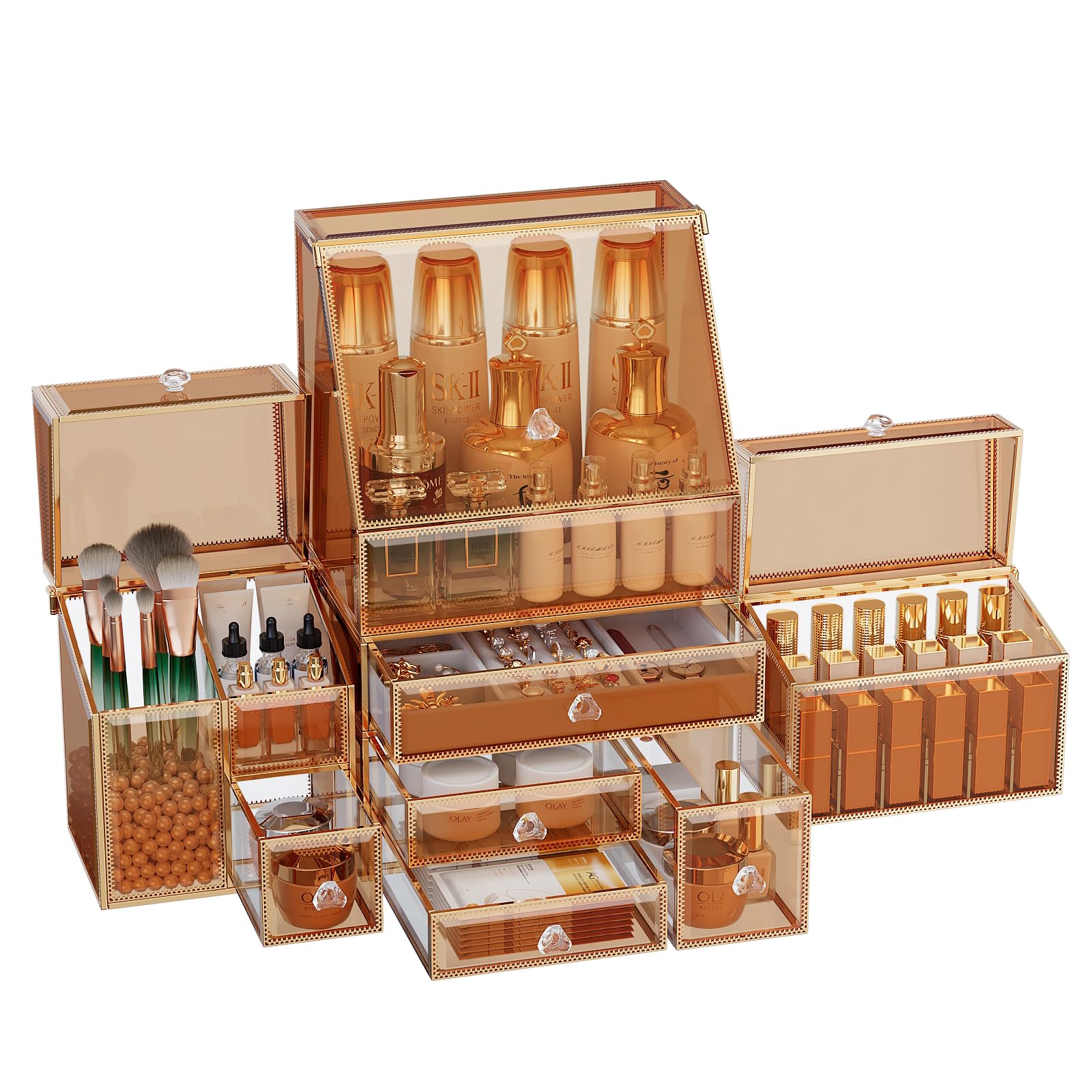 Elegant Tempered Glass Vanity Makeup Organizer - Stackable Cosmetic Storage for Bathroom Countertop, Skincare, Jewelry, Lipstick, Perfume & Makeup Brushes - Perfect Organizing Gift for Home, Spa & Travel