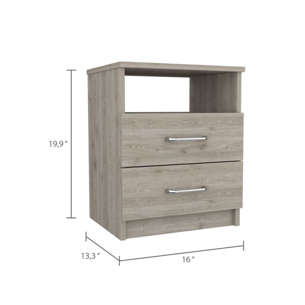 Modern Light Gray Oklahoma Nightstand with 2 Drawers & Open Shelf - Sturdy Metal Handles for Bedroom, Living Room, or Office Storage