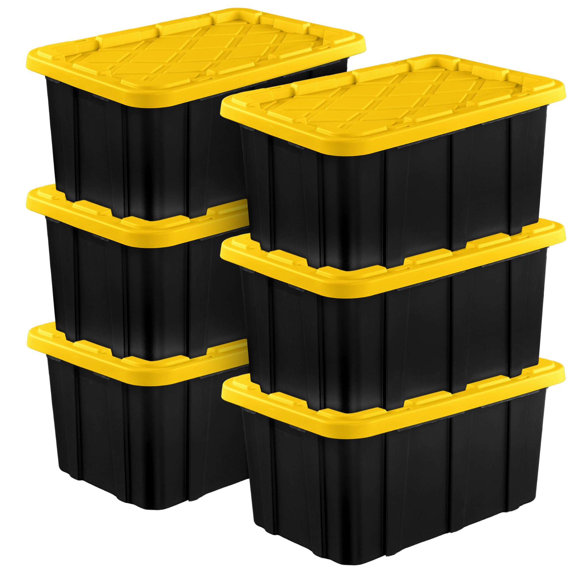 Sterilite 6-Pack Heavy Duty Stackable Storage Bins with Lids - 17 Gallon Black & Yellow Plastic Totes for Home Organization, Garage Storage, and Closet Organization