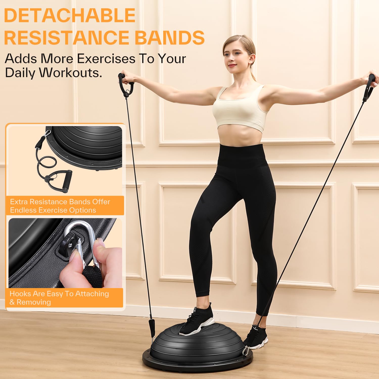 Sportneer 23-Inch Half Yoga Ball with Resistance Bands & Pump - Non-Slip Inflatable Balance Trainer for Core Strength, Home Gym Workouts (350lb Capacity) - Perfect for Pilates, Yoga, Stability Exercises & Full-Body Fitness Training