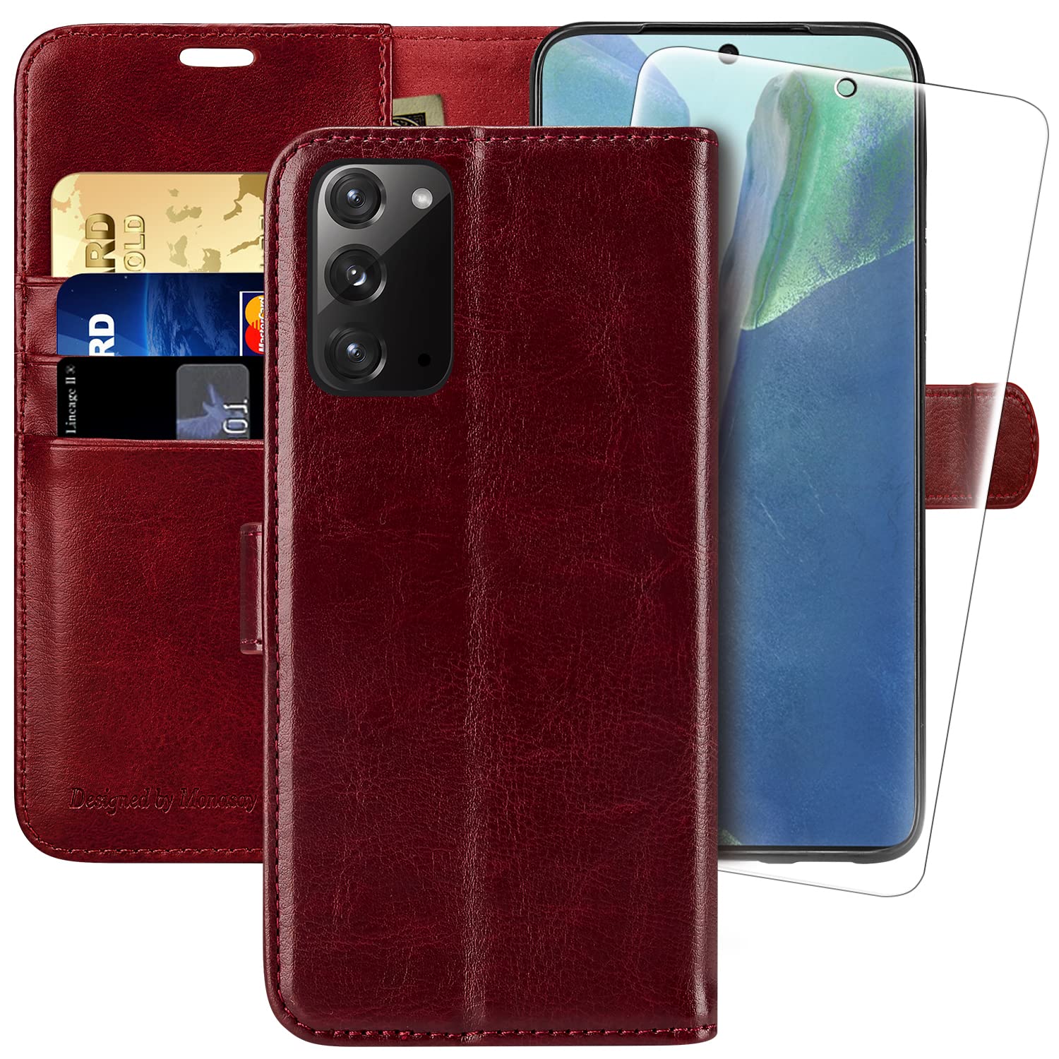 MONASAY Leather Wallet Case for Samsung Galaxy Note 20 5G (6.7 Inch) - RFID Blocking Flip Folio Cover with Credit Card Slots & Included Screen Protector - Burgundy Red - Perfect for Business Travel & Daily Use