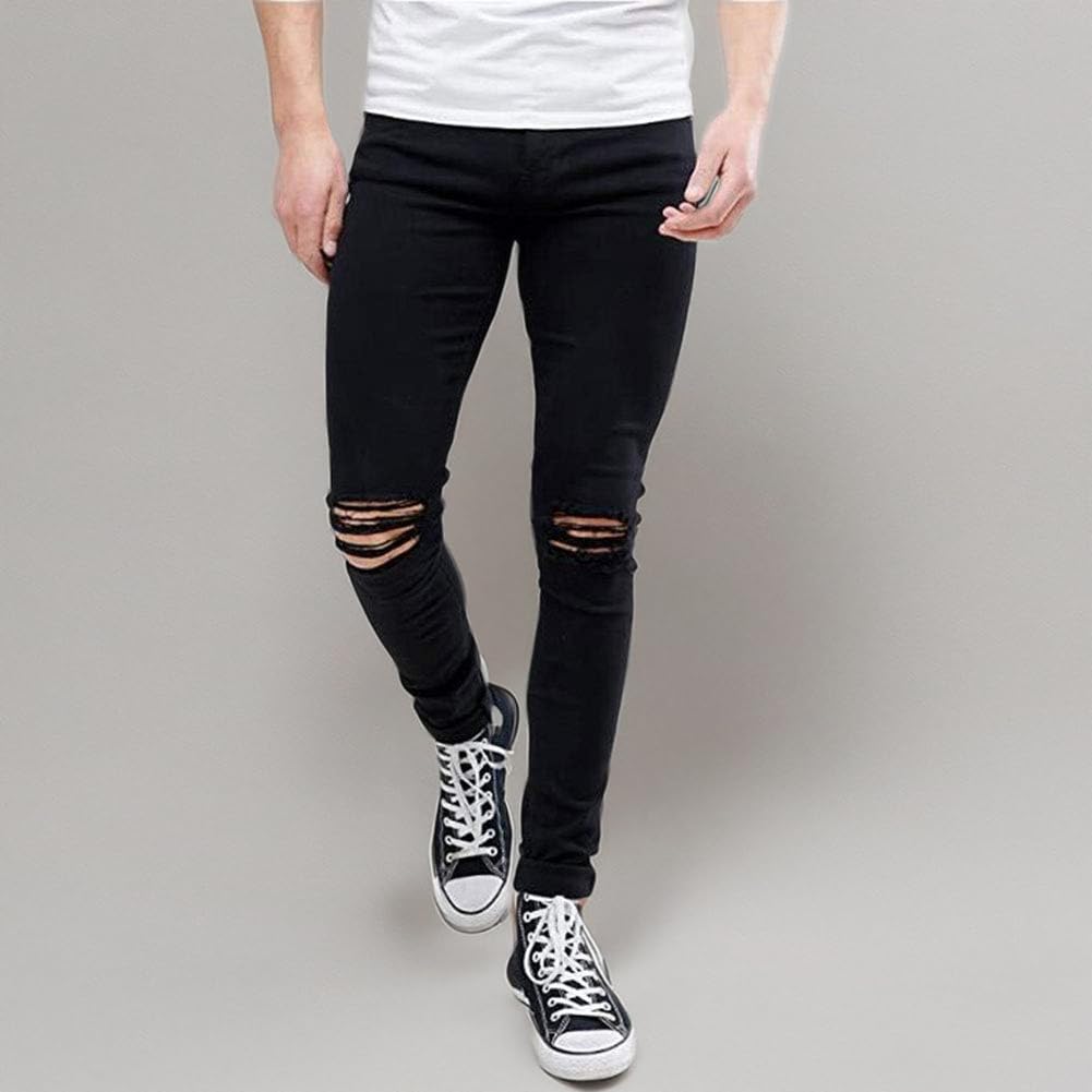HUNGSON Men's Ripped Skinny Jeans - Stretch Slim Fit Denim Pants for Men | Comfortable & Stylish for Casual Wear, Night Out & Street Fashion