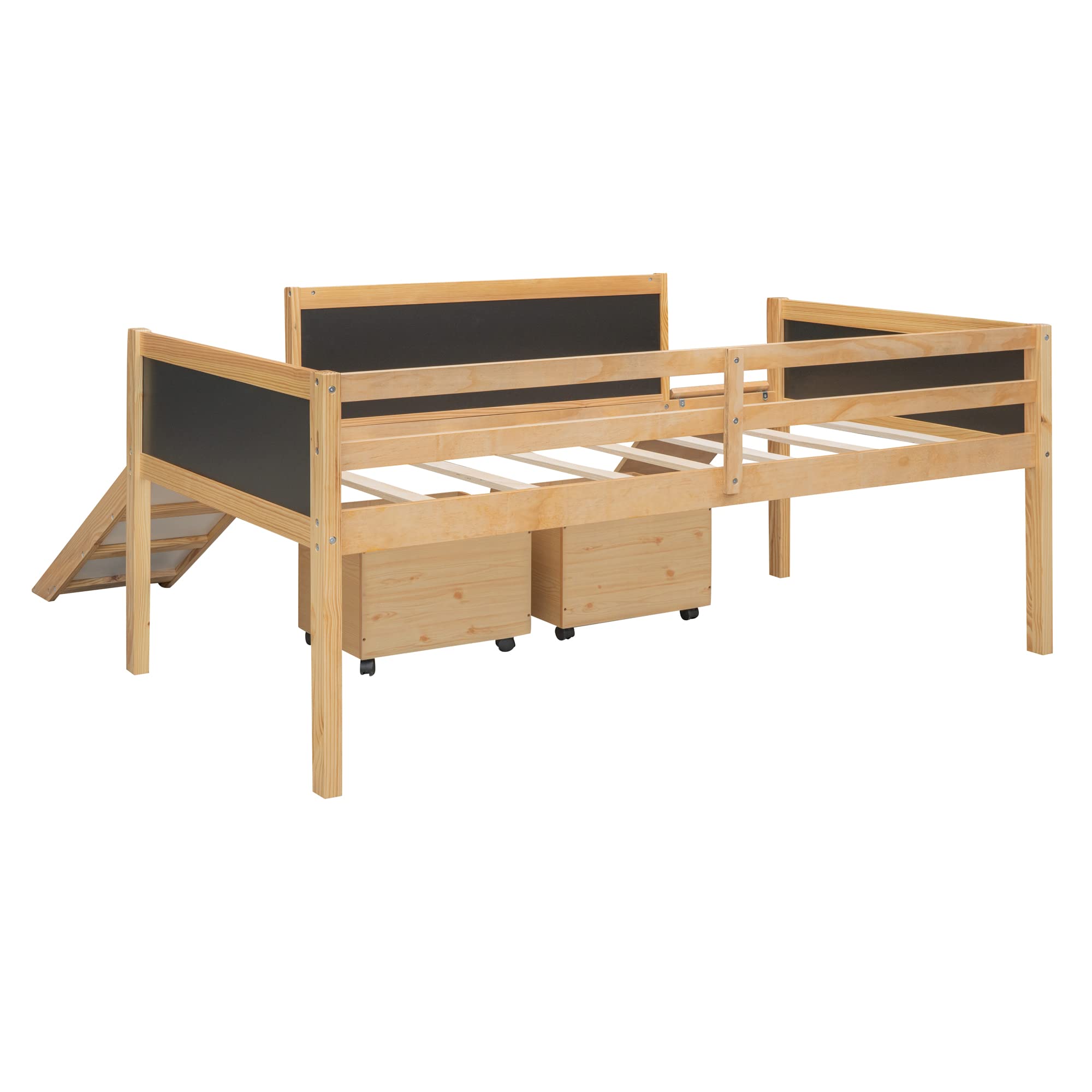 **Modern Twin Loft Bed for Kids with Slide, Storage Boxes, Climbing Ladder & Chalkboard - Multifunctional Low Loft Bed Frame for Boys & Girls - Perfect for Small Bedrooms, Playrooms & Kids' Spaces**