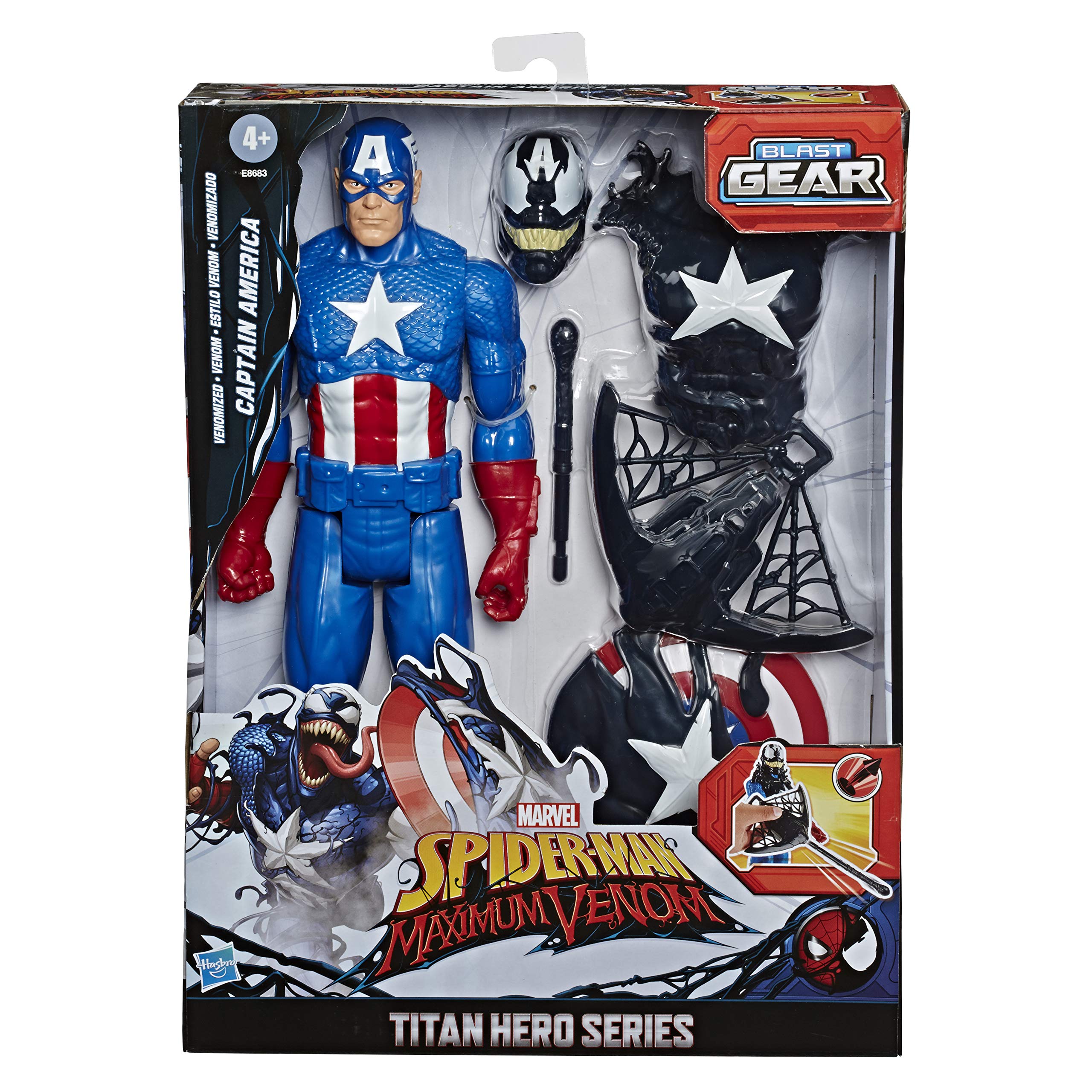 Hasbro E8683 Maximum Venom Titan Hero Series - Venom Captain America Action Figure with Starter, Projectile & 6 Accessories | Marvel Superhero Toy for Kids Ages 4+ | Birthday Gift, Role Play, Collectible Display
