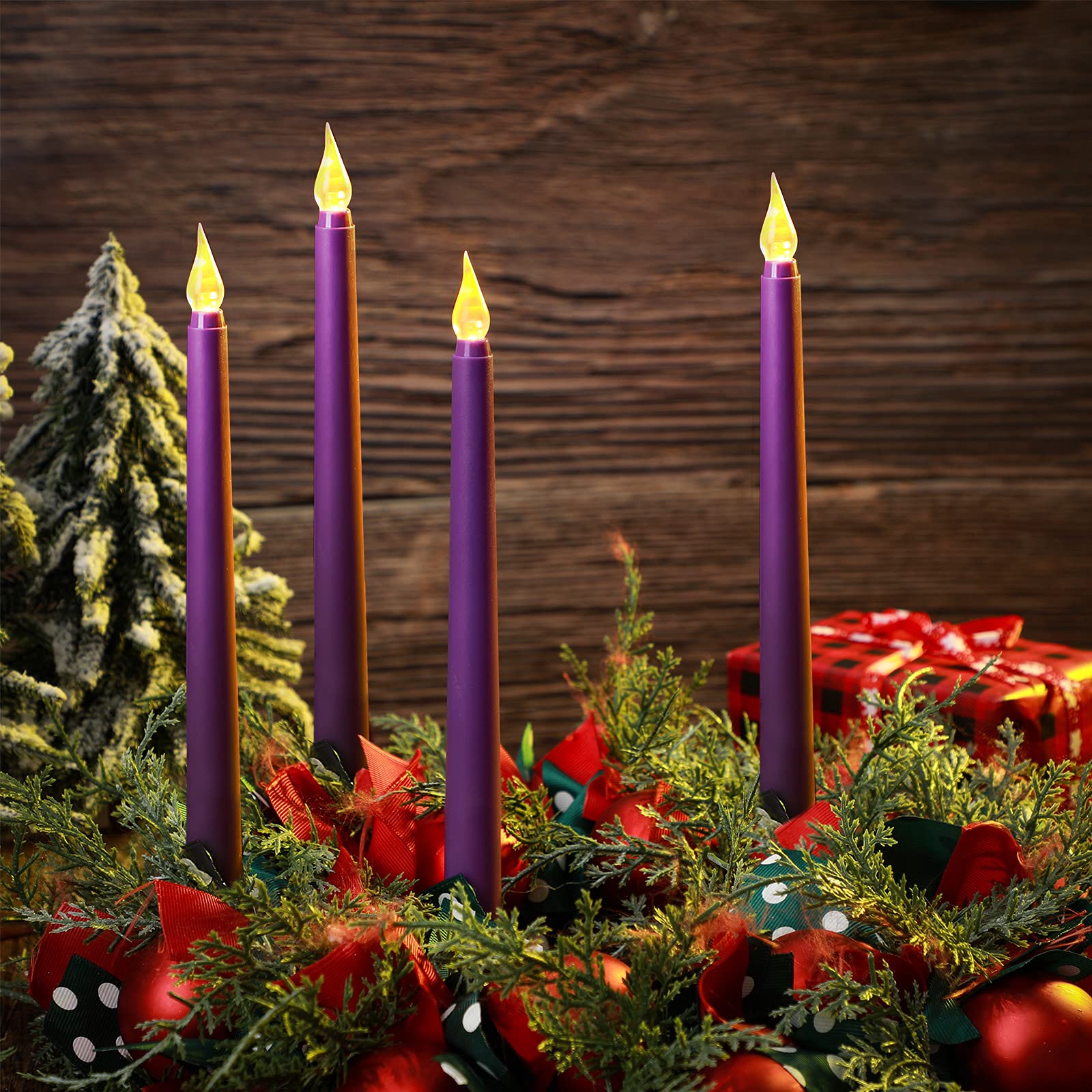 Enhon 8-Pack 10-Inch Purple Flameless LED Taper Candles - Battery Operated Flickering Candles for Wedding Decor, Christmas Centerpiece, Holiday Table Setting, Church Ceremony & Home Decoration - Safe for Kids & Pets
