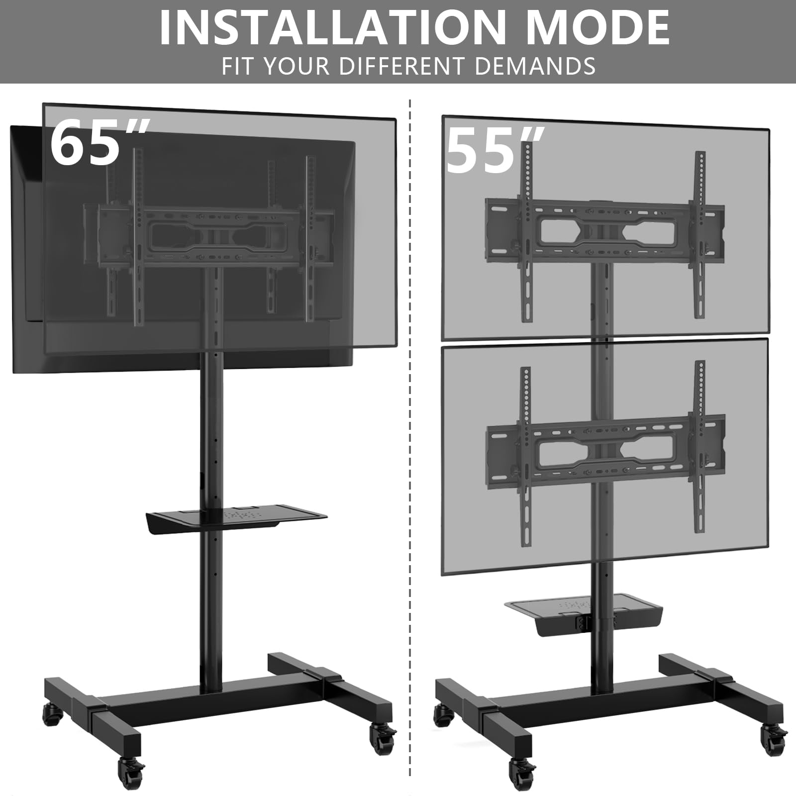 TVON Mobile Dual TV Stand for 32-65 Inch Plasma LCD LED Smart Flat Panel Curved TVs - Heavy Duty Rolling TV Cart with Wheels & Tilt Mount Floor Stand (Holds up to 132 lbs) - Perfect for Living Room, Bedroom, or Office Entertainment Setup