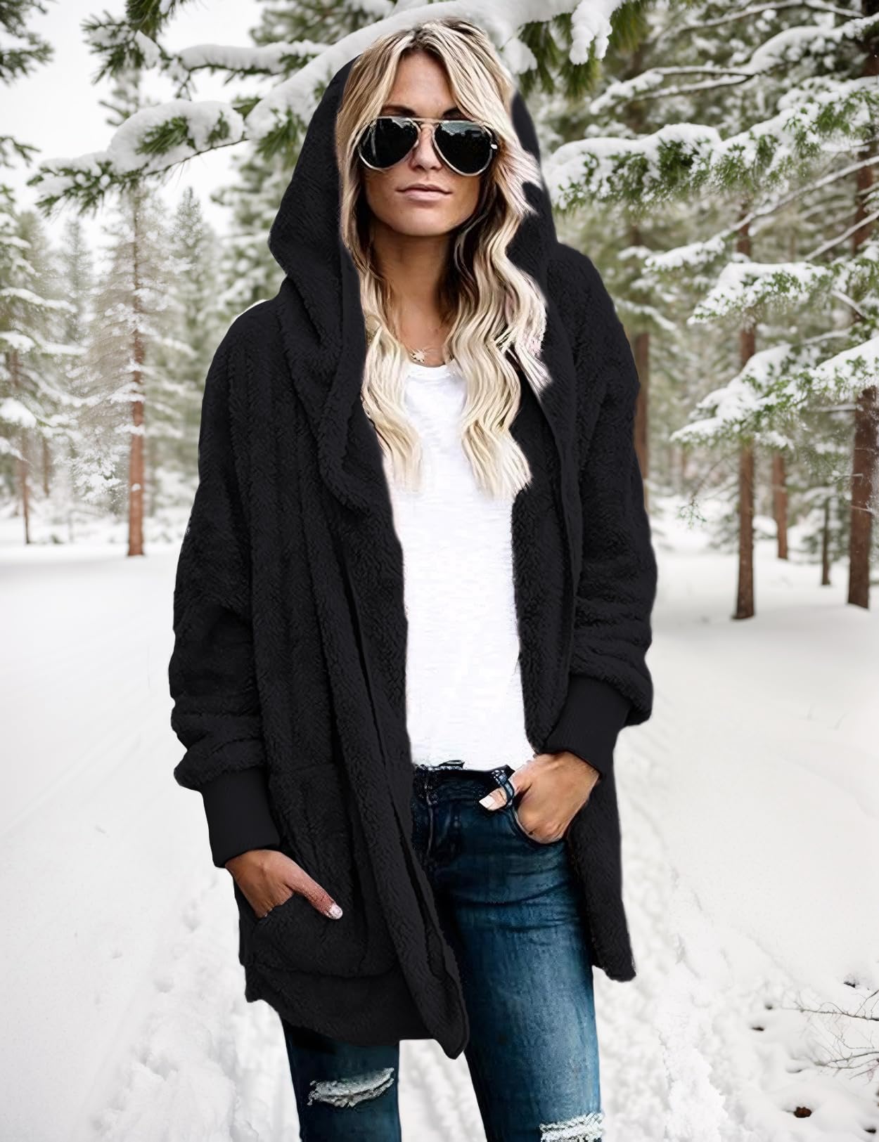Zilcremo Women's Hooded Cardigan - Soft Fuzzy Fleece Jacket with Pockets | Winter Open Front Coat for Women | Perfect for Casual Wear, Office & Outdoor Activities