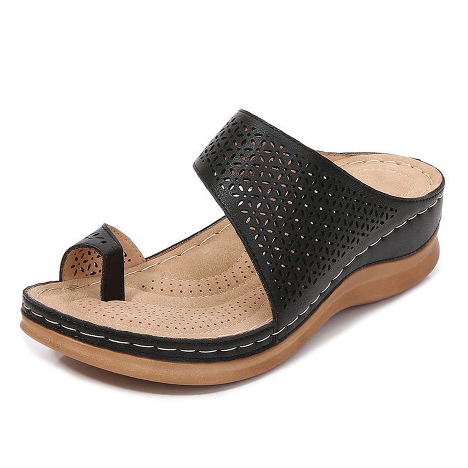 EFYTO Women's Vintage Boho Flat Sandals - Faux Leather Cutout Wedge Summer Shoes for Women, Plus Size Comfortable Beach Sandals (Black, Size 37) | Perfect for Vacation, Casual Outings & Boho Fashion Style
