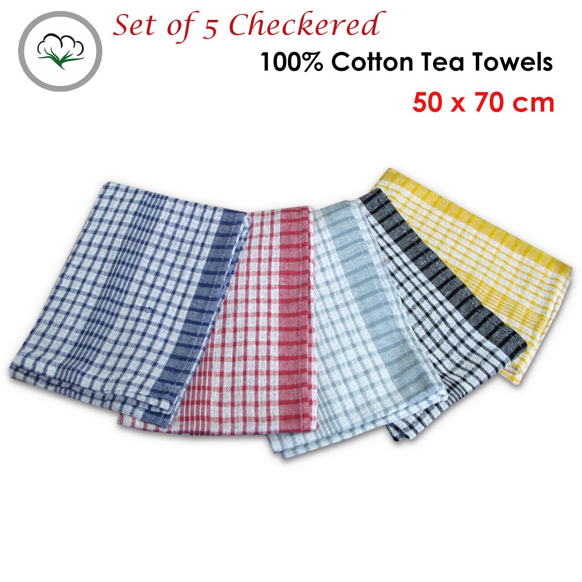 Premium 5-Piece Cotton Checkered Tea Towel Set for Kitchen, Dining & Hotel Use - Soft, Absorbent & Durable Dish Towels for Cleaning & Decor