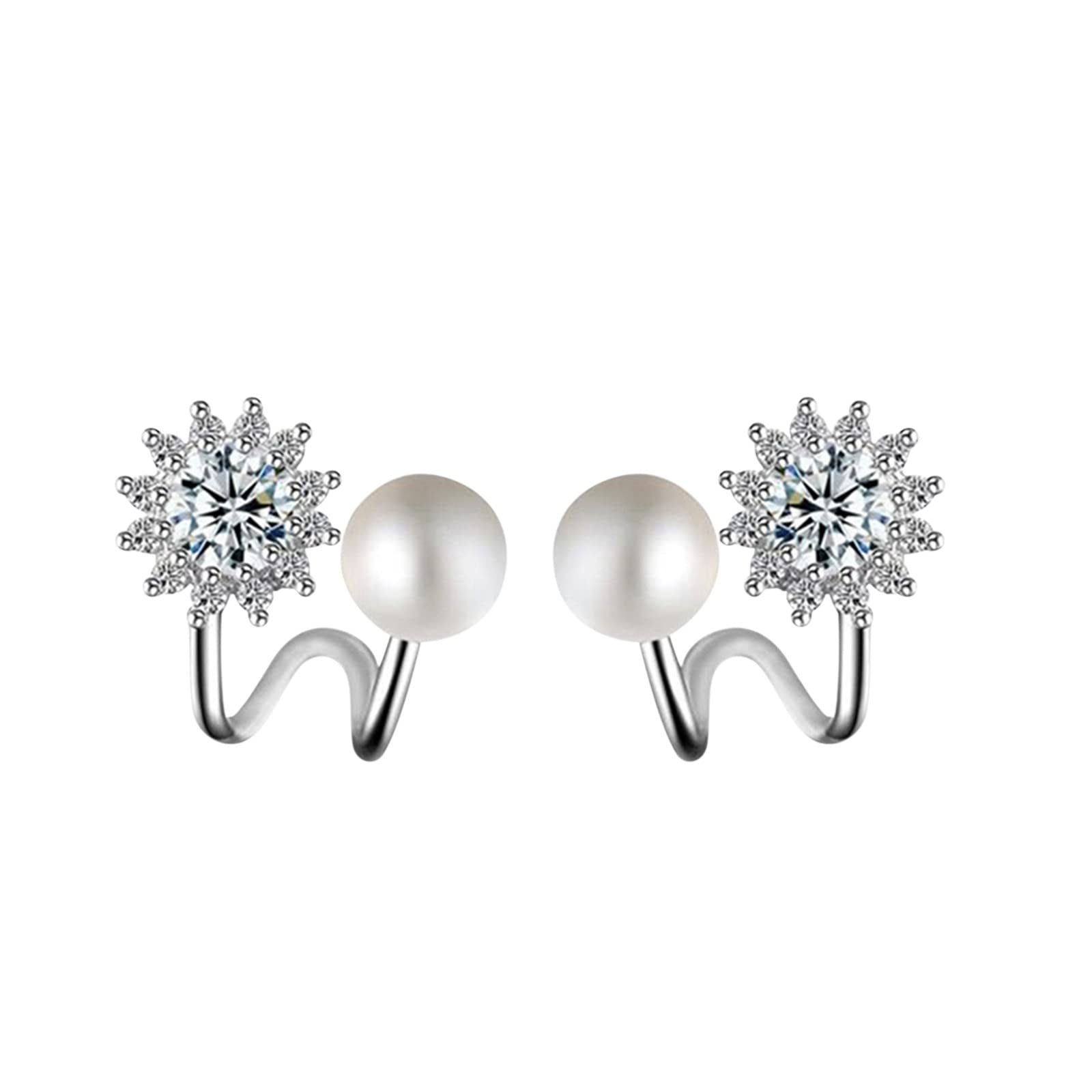 Sparkling Rhinestone Stud & Hoop Earrings for Women & Girls - Dainty Heart-Shaped Ear Cuffs, Minimalist Wrap Piercing Jewelry (Silver, One Size) - Perfect for Parties, Weddings & Everyday Elegance