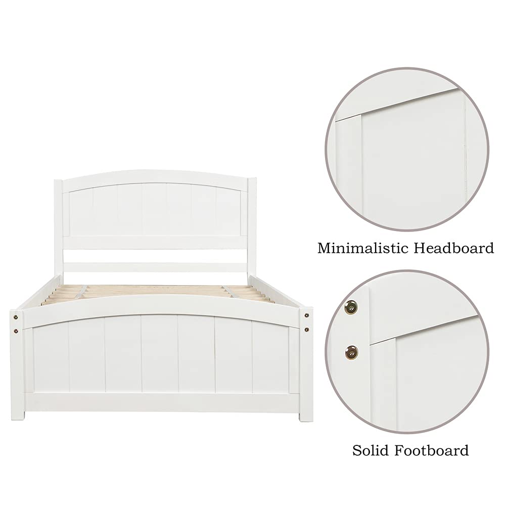 Twin Size Wood Platform Bed Frame with Headboard & Footboard - Sturdy Wood Slat Support, White - Perfect for Kids' Rooms, Guest Bedrooms & Small Spaces