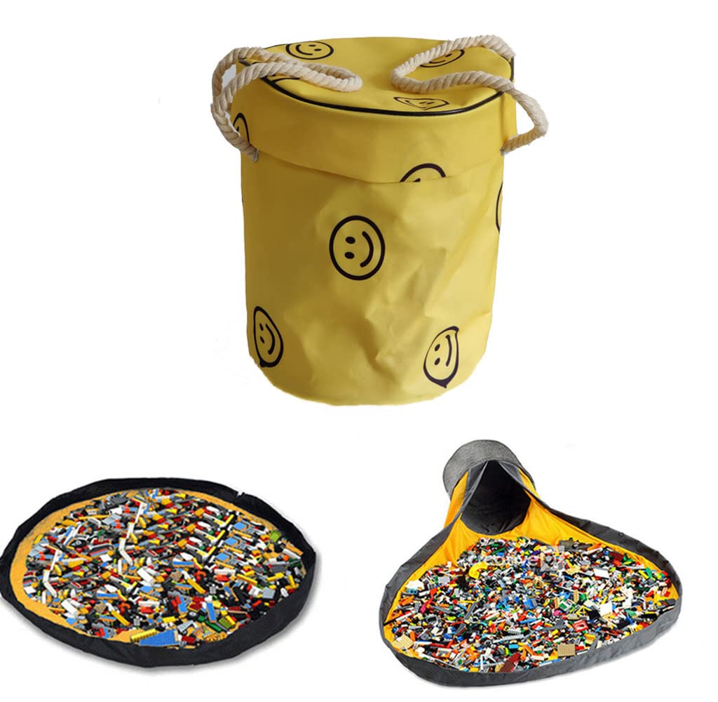 Foldable Canvas Toy Storage Basket for Kids - Play Mat Organizer for Lego, Blocks & Toys | Indoor & Outdoor Use | Yellow Smiley Design | Perfect for Playrooms, Bedrooms & Daycare Centers