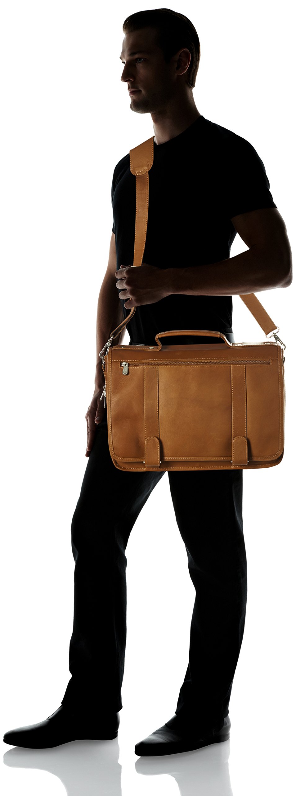 Premium Double Loop Expandable Laptop Briefcase - Saddle Brown Leather Business Bag for 15.6