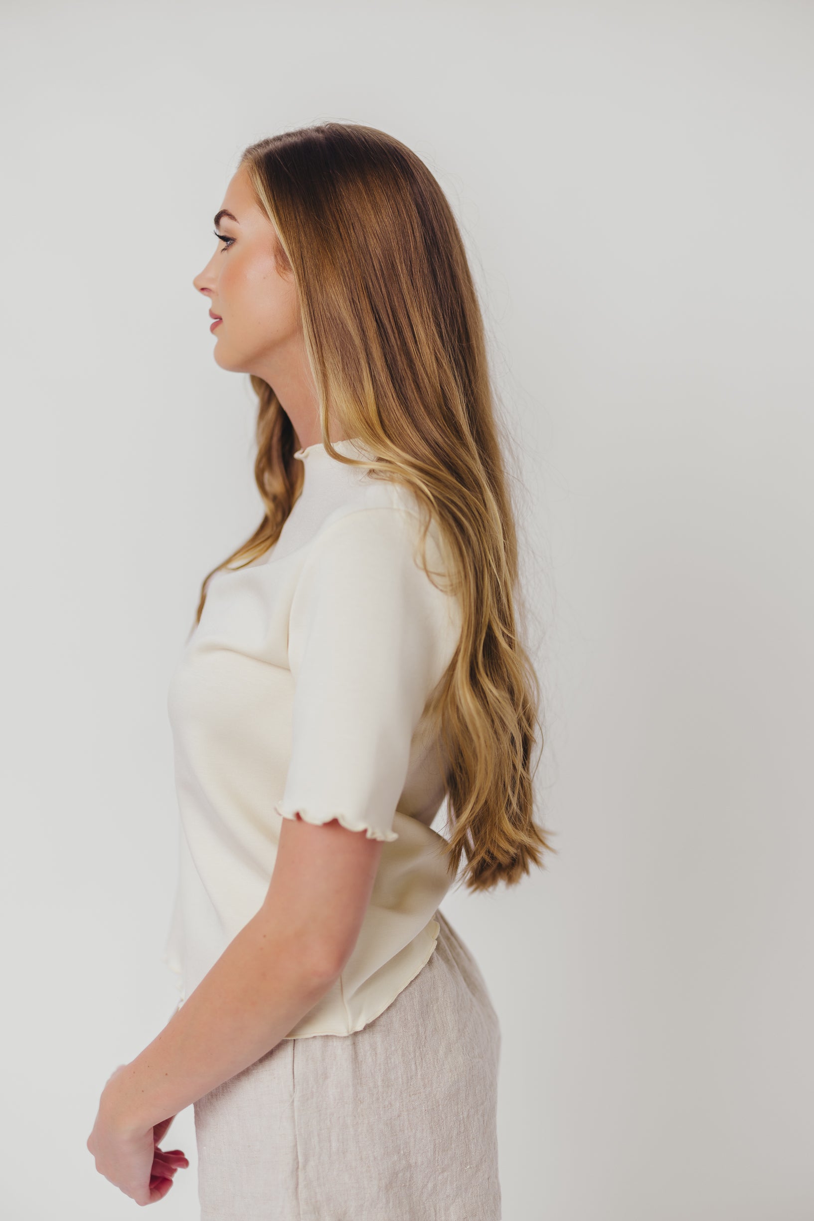 P.Cill Jemma Butter Modal Mockneck Top with Merrow Edge - Soft Eggshell Women's Blouse for Work, Date Night & Casual Outfits