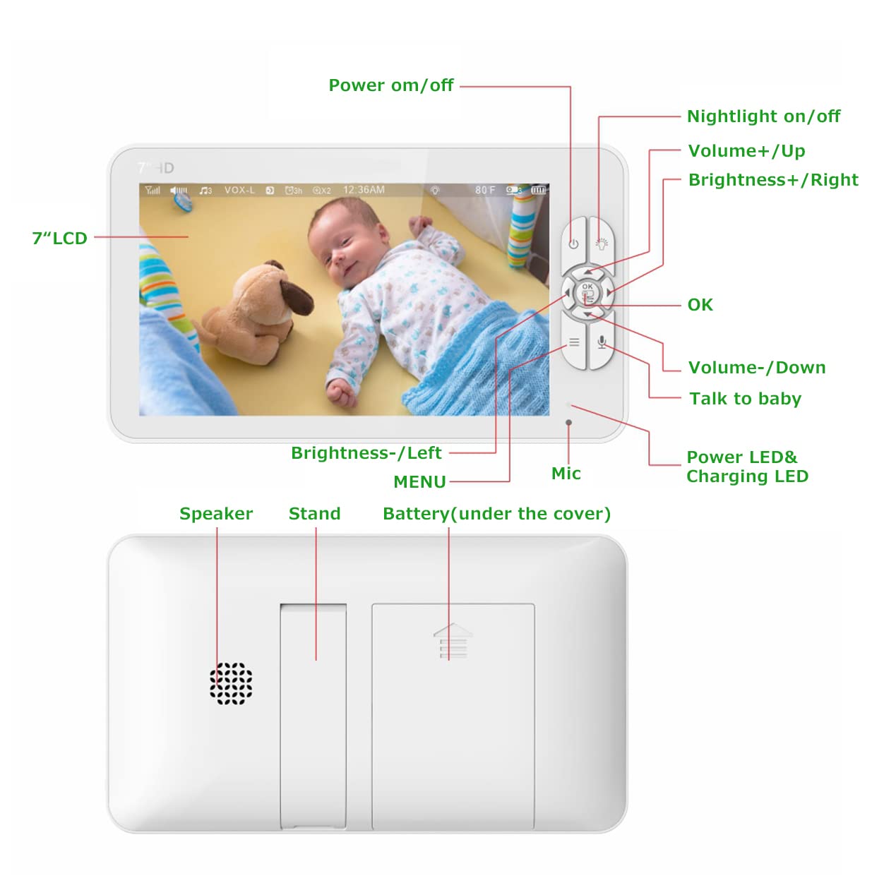 7-inch HD Baby Monitor with Camera - Split Screen, Two-Way Audio, Rotating Lens & Temperature Sensor | 1080P Video, Auto Night Vision & Soothing Lullabies | Perfect for Nursery, Daycare & Home Security Monitoring
