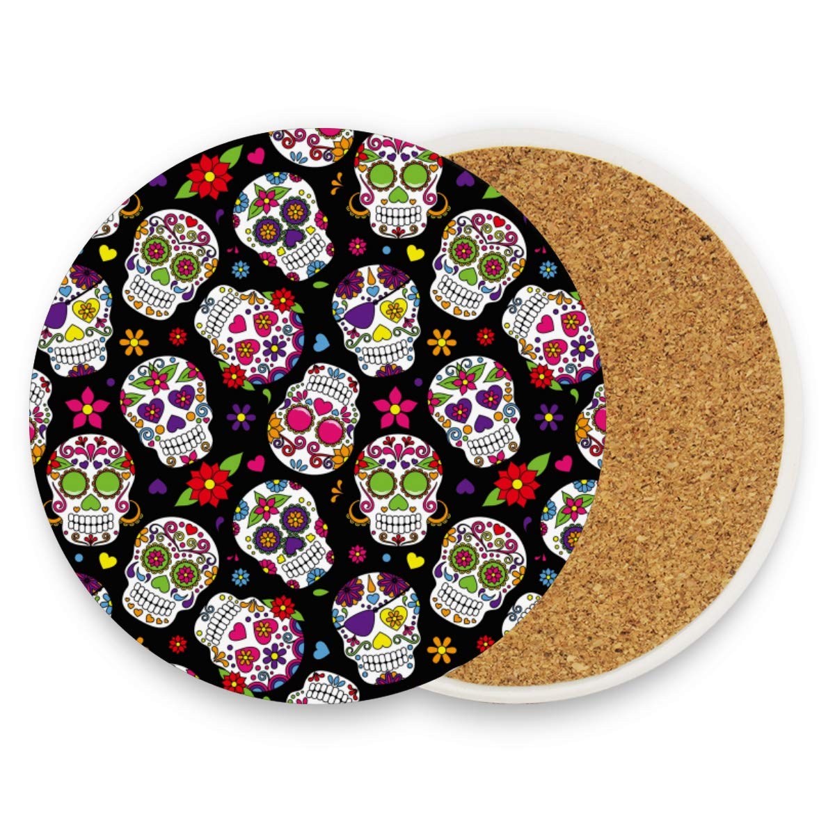 Halloween Sugar Skull Ceramic Coasters Set - Day of The Dead Themed Drink Coasters with Cork Base - Heat Resistant Cup Holders for Coffee, Wine & Beverages - Perfect for Dia de Los Muertos Decor & Party Supplies