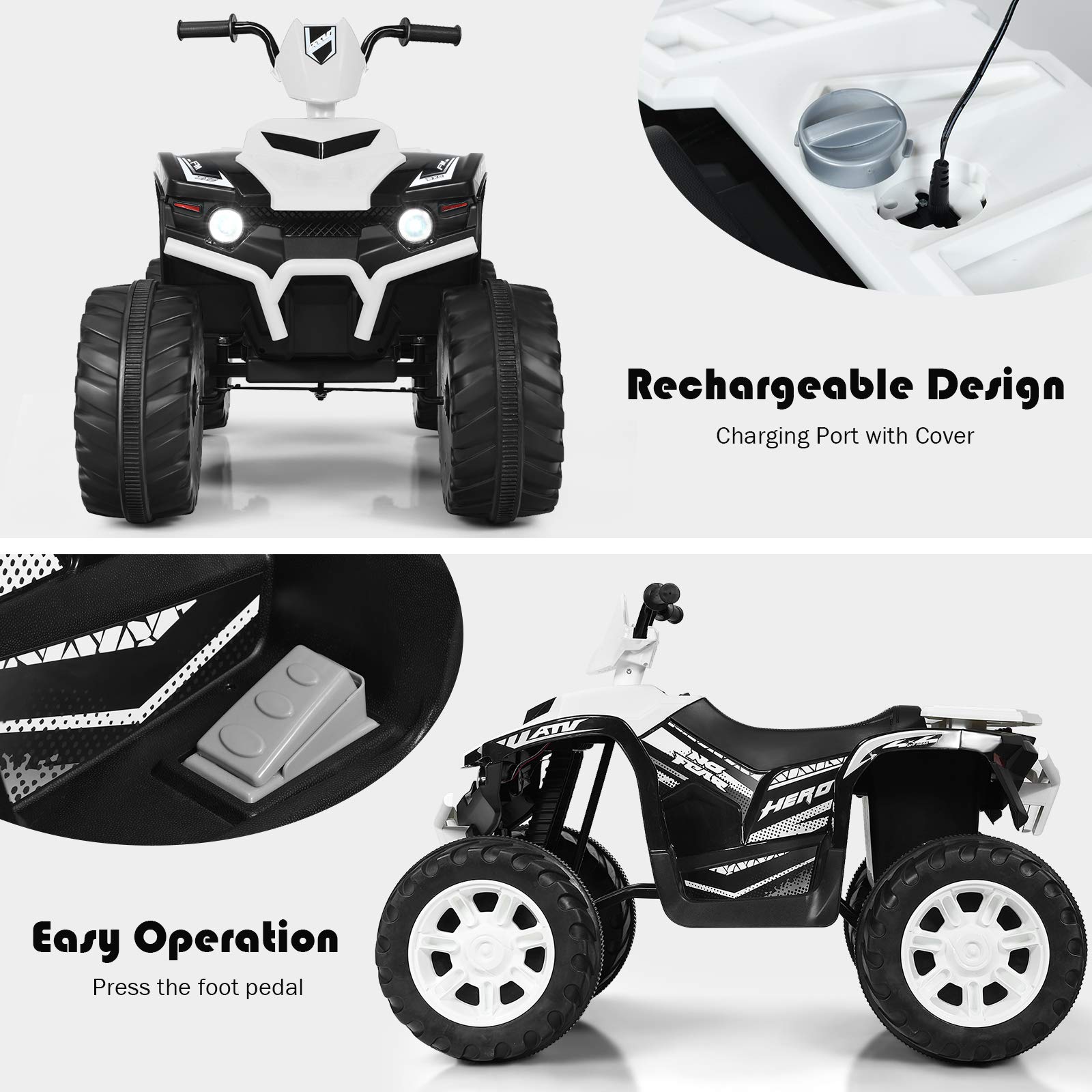 HONEY JOY 12V Kids Electric Ride On ATV Quad - 4-Wheeler Battery Powered Toddler Car with LED Headlights, 2 Speeds, Slow Start, Horn & Music - Safe Treaded Tires for Boys & Girls (White) | Perfect for Outdoor Play, Backyard Adventures & Birthday Gifts